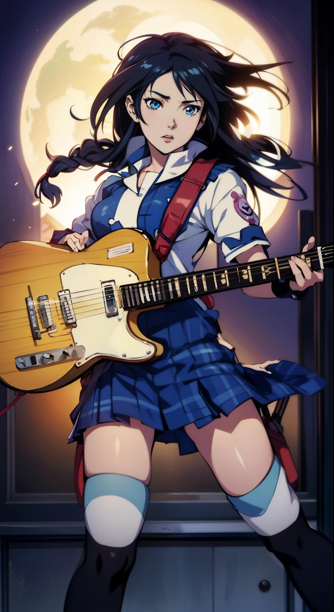 masterpiece, best quality, dark skin, short hair, yellow eyes, black hair, beautiful girl, thin, full body, tall girl, ((cute white long sailor uniform)), ((kawaii)), plan boobs, short boobs, small , ((short chest)), ((big butt)), ((wide thigh)), front view, playing electric guitar, school