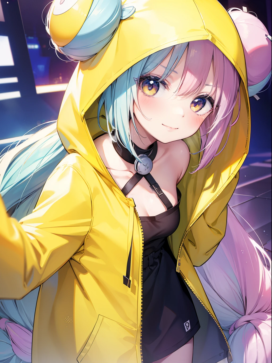 Nanjamo、Good looking girl (blush, Perfect Face), independent , Looking at the camera, masterpiece, Anime art style, Cute Characters, Most detailed, high quality、Nico Nico Smile、long bun hair、Yellow hoodie