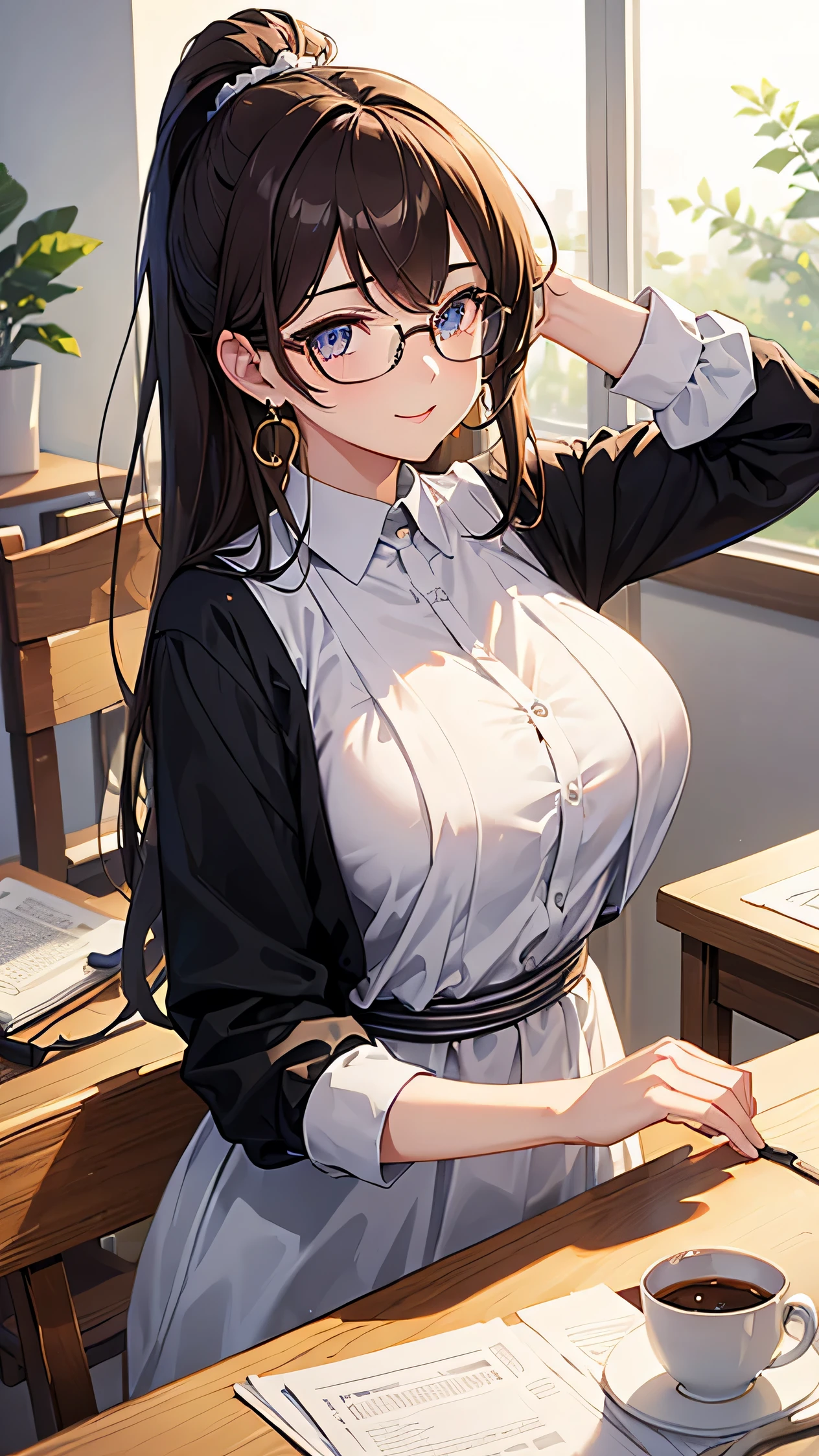 ((masterpiece)), ((highest quality)), (Very detailed), ((cute)), cute, (Lovely), ((sexy)), (device), ((Very detailed)), 4K, (8k), highest quality, (beautiful), Anime Style, Upper Body, Focus on the face, Whole body concentration, office, computer, morning, a cute girl, 1 girl, alone, suit, beautiful light brown hair, beautiful purple eyes, ((beautiful eyes)), White skin, ponytail, Transparent Hair, Translucent hair, Big Breasts, Glasses, Earrings, necklace, cup, coffee, A light smile, Lens flare, Reflection effect