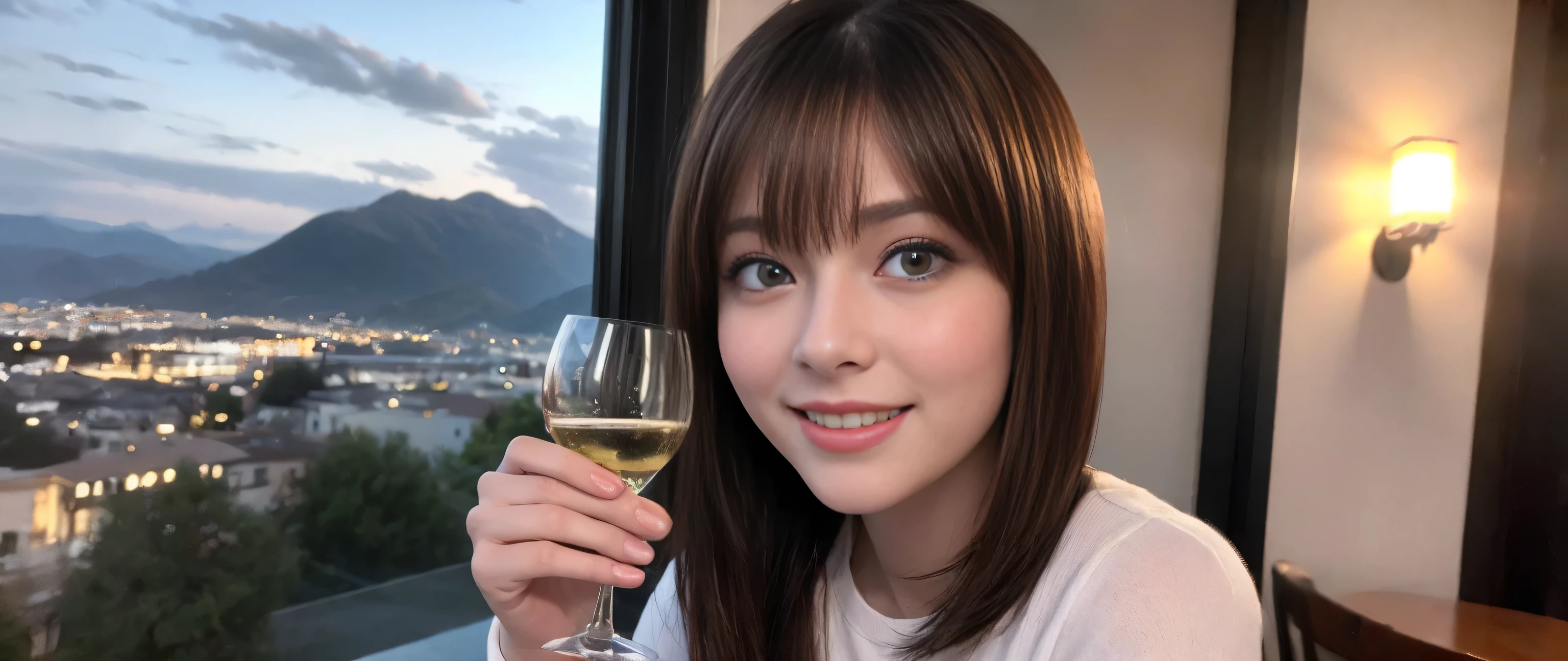 ((highest quality、8k、masterpiece:1.3))、Sharp focus:1.2、Beautiful woman perfect body:1.4、Slim body、((Bob Hale、Straight hair:1.2))、(to be born, highest quality, masterpiece:1.5), (Realistic, Intricate details:1.2), Ultra-high resolution, shine a light on your face、Spectacular view of the sunset sky and clouds、Amazing mountain views、A bright smile、wine glass、red wine 、Appetizer、Italian food、Wine bottle、Champagne、sparkling wine、, Beautiful Face, blue eyes, The light shines on your face, Blushing, short hair,Bright Face、Fox face、 (36 years old), 39 years old, Lady、Two beauties、brown hair、Shortcuts、Long sleeve shirt、dress、Pretty Woman 1, (slim face), (The body is slim), (brown hair), (Shortcuts), cheeks turn a little red,charming beauty、, Out of the window, A beautiful and detailed night view unfolds.........., restaurant, In a prominent place (From the waist up) Nova Frog Style, actress, model, Upper Body, White wine, slim, wine glass, A wine glass placed in the middle, smile, (smile: 1.15), Beautiful fine grain, Depth f/2,saturation, High Contrast, Strong light and shadow,Moist Body:1.5、3D texture、Delicate eyes、brown hair、The hair is very shiny、
