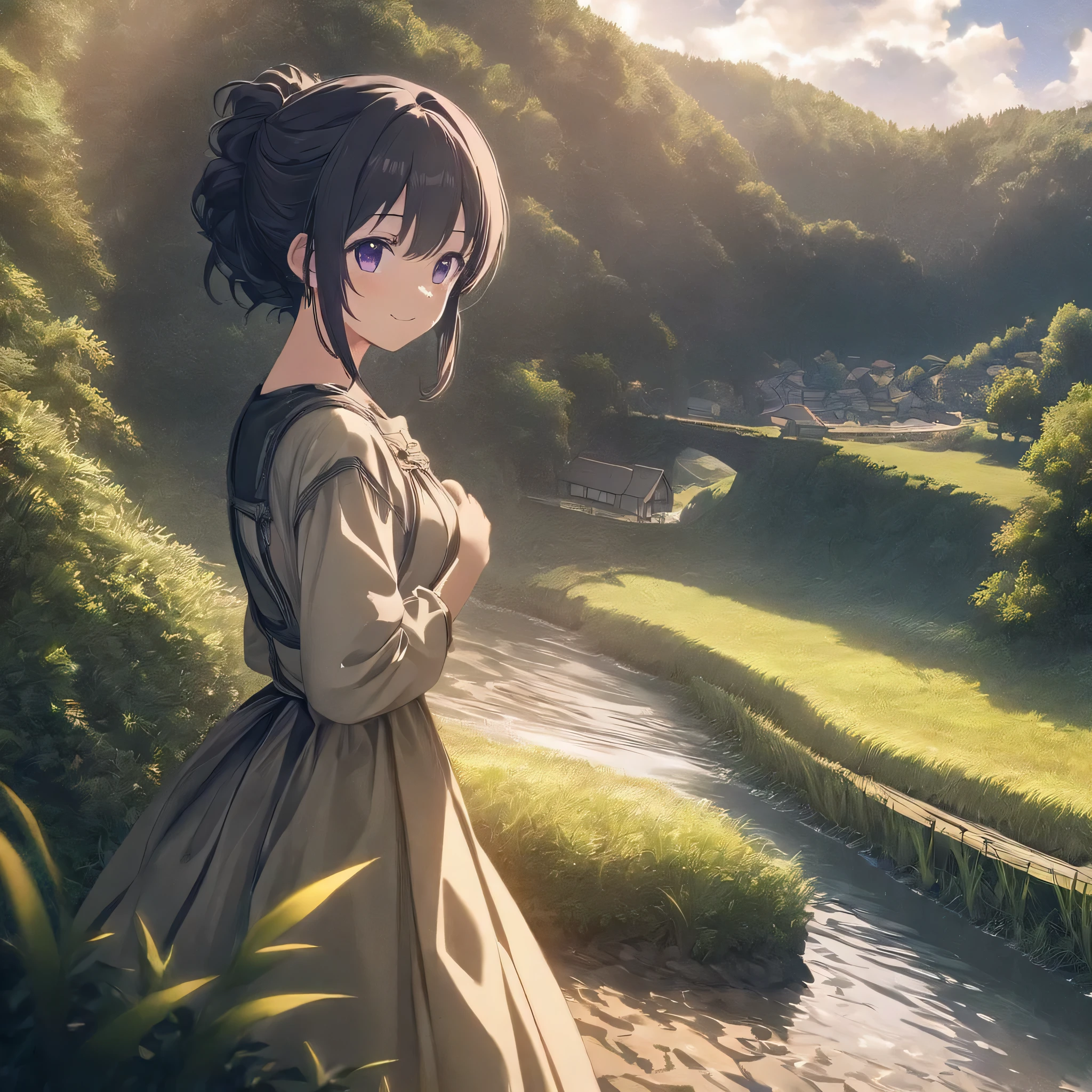 Create a detailed and high-resolution image of an elegant girl with silky pink and purple braided hair, wearing warm, cute, and beautiful casual outdoor clothing. She should have extremely detailed eyes and a sweet smile, walking in a beautiful village. The background should include a detailed mountain, a sunny sky with soft sunlight and shades, soft shadows, clouds, trees, bushes, beautiful grass, flowers, a river, and a small bridge across the village. The girl should be in a feminine pose, and the image should have a model shoot style, full shot, dynamic angle, and cinematic feel. Use an 85mm lens and HDR for the best quality. The girl should also appear as an innocent and kind human being, with a warm and compassionate expression, gentle smile, and caring eyes, completely disguising any hint of her demonic or gothic appearance. Include villagers who are looking at her with smiles and happiness. The final image should be a masterpiece of the highest quality, suitable for use as an anime art wallpaper in 8k resolution