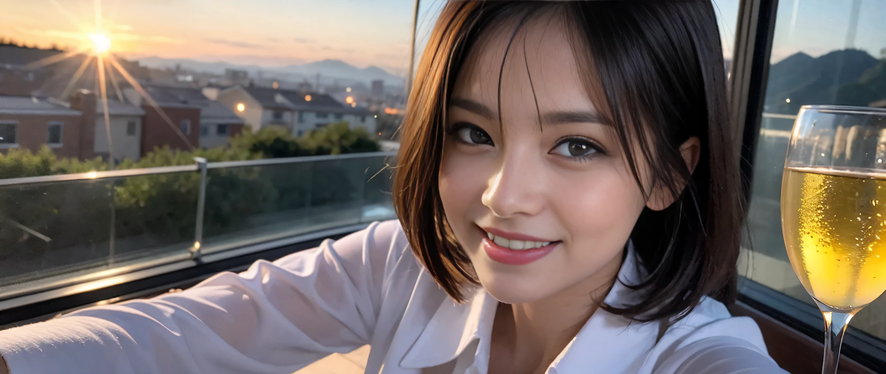 ((highest quality、8k、masterpiece:1.3))、Sharp focus:1.2、Beautiful woman perfect body:1.4、Slim body、((Bob Hale、Straight hair:1.2))、(to be born, highest quality, masterpiece:1.5), (Realistic, Intricate details:1.2), Ultra-high resolution, shine a light on your face、Spectacular view of the sunset sky and clouds、Amazing mountain views、A bright smile、wine glass、red wine 、Appetizer、Italian food、Wine bottle、Champagne、sparkling wine、, Beautiful Face, blue eyes, The light shines on your face, Blushing, short hair,Bright Face、Fox face、 (42 years old), 39 years old, Lady、Two beauties、brown hair、Shortcuts、Long sleeve shirt、dress、Pretty Woman 1, (slim face), (The body is slim), (brown hair), (Shortcuts), cheeks turn a little red,charming beauty、, Out of the window, A beautiful and detailed night view unfolds.........., restaurant, In a prominent place (From the waist up) Nova Frog Style, actress, model, Upper Body, White wine, slim, wine glass, A wine glass placed in the middle, smile, (smile: 1.15), Beautiful fine grain, Depth f/2,saturation, High Contrast, Strong light and shadow,Moist Body:1.5、3D texture、Delicate eyes、brown hair、The hair is very shiny、