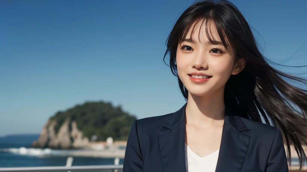 (Realistic: 1.4), (highest quality: 1.4), (Fine grain), Full body shot, ((Blue sky background)), ((Watching the audience)), ((One adult woman)), Black Hair, ((Navy blue suit)), Wide eyes, Blushed face, ((smile)), Highly detailed face and skin texture, Healthy Skin, 8k resolution