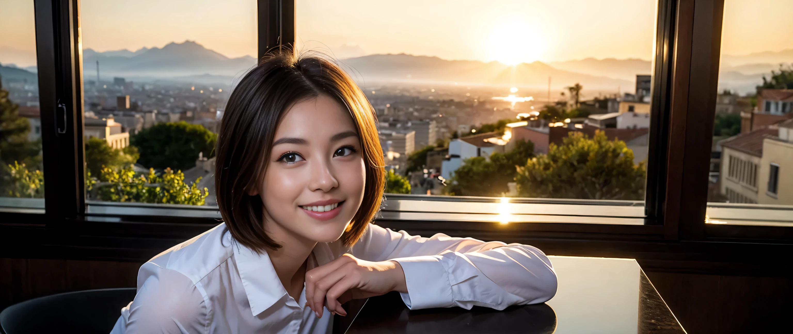 ((highest quality、8k、masterpiece:1.3))、Sharp focus:1.2、Beautiful woman perfect body:1.4、Slim body、((Bob Hale、Straight hair:1.2))、(to be born, highest quality, masterpiece:1.5), (Realistic, Intricate details:1.2), Ultra-high resolution, shine a light on your face、Spectacular view of the sunset sky and clouds、Amazing mountain views、A bright smile、wine glass、red wine 、Appetizer、Italian food、Wine bottle、Champagne、sparkling wine、, Beautiful Face, blue eyes, The light shines on your face, Blushing, short hair,Bright Face、Fox face、 (42 years old), 39 years old, Lady、Two beauties、brown hair、Shortcuts、Long sleeve shirt、dress、Pretty Woman 1, (slim face), (The body is slim), (brown hair), (Shortcuts), cheeks turn a little red,charming beauty、, Out of the window, A beautiful and detailed night view unfolds.........., restaurant, In a prominent place (From the waist up) Nova Frog Style, actress, model, Upper Body, White wine, slim, wine glass, A wine glass placed in the middle, smile, (smile: 1.15), Beautiful fine grain, Depth f/2,saturation, High Contrast, Strong light and shadow,Moist Body:1.5、3D texture、Delicate eyes、brown hair、The hair is very shiny、