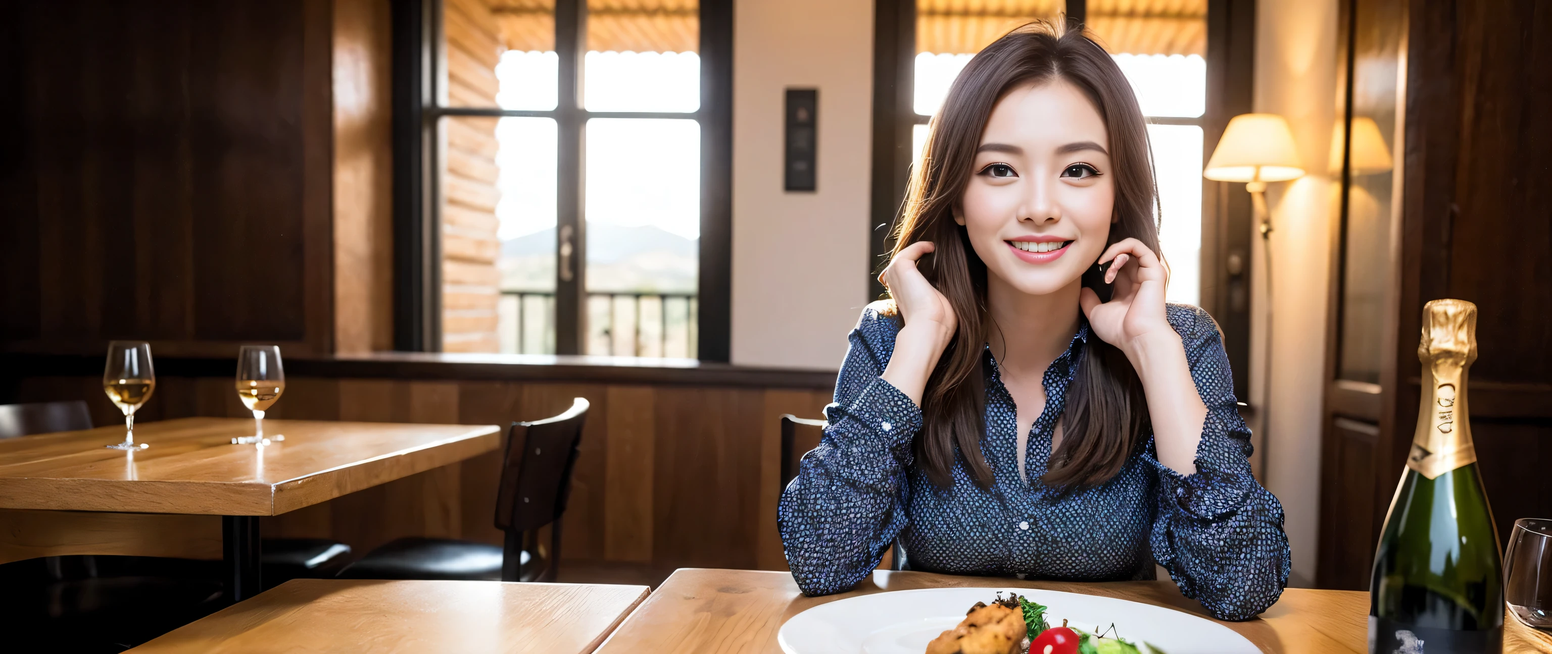 ((highest quality、8k、masterpiece:1.3))、Sharp focus:1.2、Beautiful woman perfect body:1.4、Slim body、((Bob Hale、Straight hair:1.2))、(to be born, highest quality, masterpiece:1.5), (Realistic, Intricate details:1.2), Ultra-high resolution, shine a light on your face、Spectacular view of the sunset sky and clouds、Amazing mountain views、A bright smile、wine glass、red wine 、Appetizer、Italian food、Wine bottle、Champagne、sparkling wine、, Beautiful Face, blue eyes, The light shines on your face, Blushing, short hair,Bright Face、Fox face、 (42 years old), 39 years old, Lady、Two beauties、brown hair、Shortcuts、Long sleeve shirt、dress、Pretty Woman 1, (slim face), (The body is slim), (brown hair), (Shortcuts), cheeks turn a little red,charming beauty、, Out of the window, A beautiful and detailed night view unfolds.........., restaurant, In a prominent place (From the waist up) Nova Frog Style, actress, model, Upper Body, White wine, slim, wine glass, A wine glass placed in the middle, smile, (smile: 1.15), Beautiful fine grain, Depth f/2,saturation, High Contrast, Strong light and shadow,Moist Body:1.5、3D texture、Delicate eyes、brown hair、The hair is very shiny、