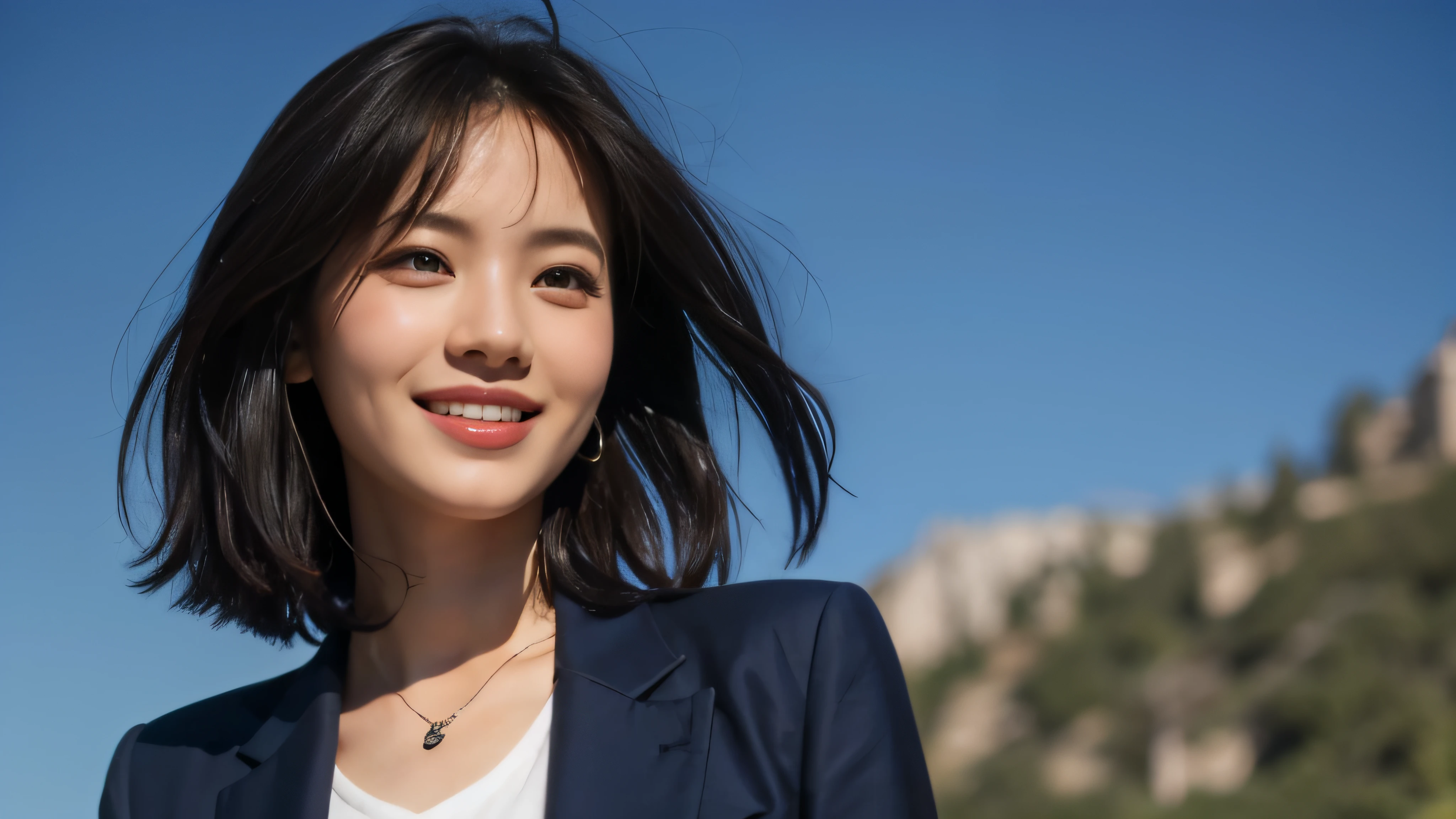 (Realistic: 1.4), (highest quality: 1.4), (Fine grain), Full body shot, ((Blue sky background)), ((Watching the audience)), ((One adult woman)), Black Hair, ((Navy blue suit)), Wide eyes, Blushed face, ((smile)), Highly detailed face and skin texture, Healthy Skin, 8k resolution