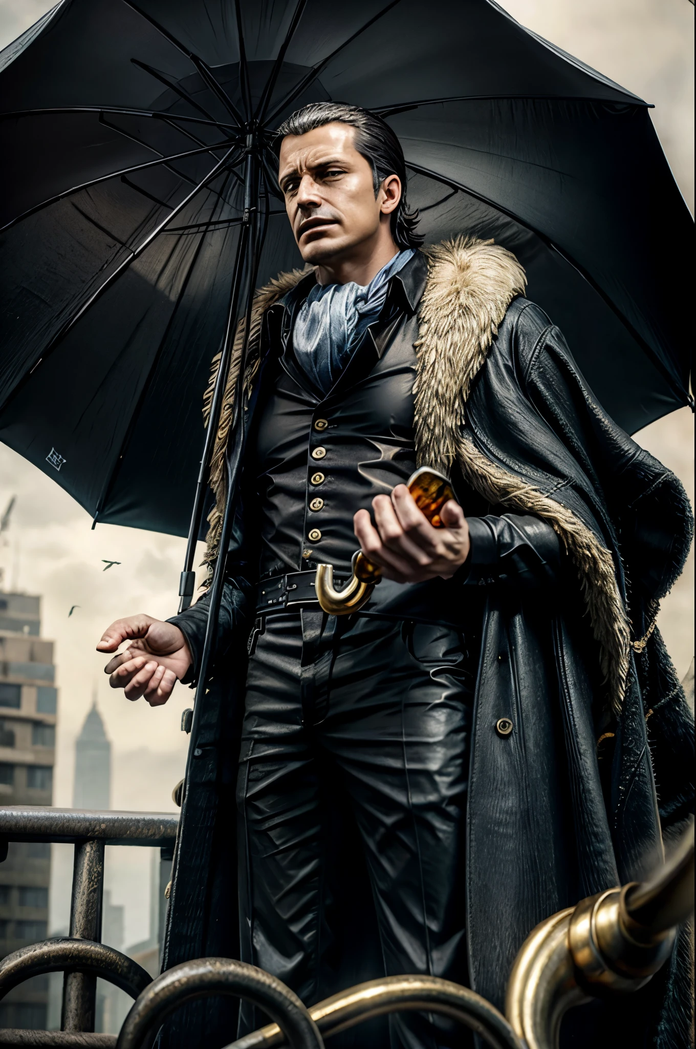 masterpiece, best quality, extremely detailed, hyperrealistic, photorealistic, a cool 40s man, ultra detailed face:1.2, fur-trimmed coat, scarf around the neck, his left hand is a golden pirate hook:1.1, from below, distant view shot, city, rainy, holding an open umbrella, dynamic pose, serene, relaxed
