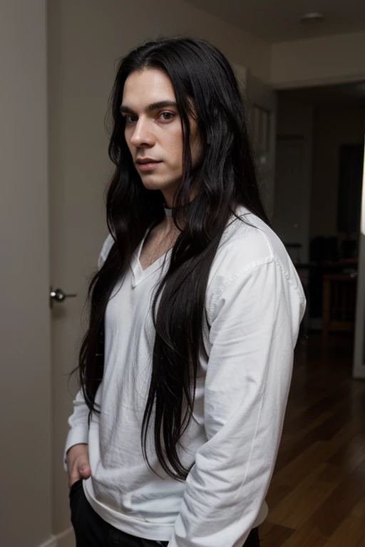 Handsome thin White man goth long black hair