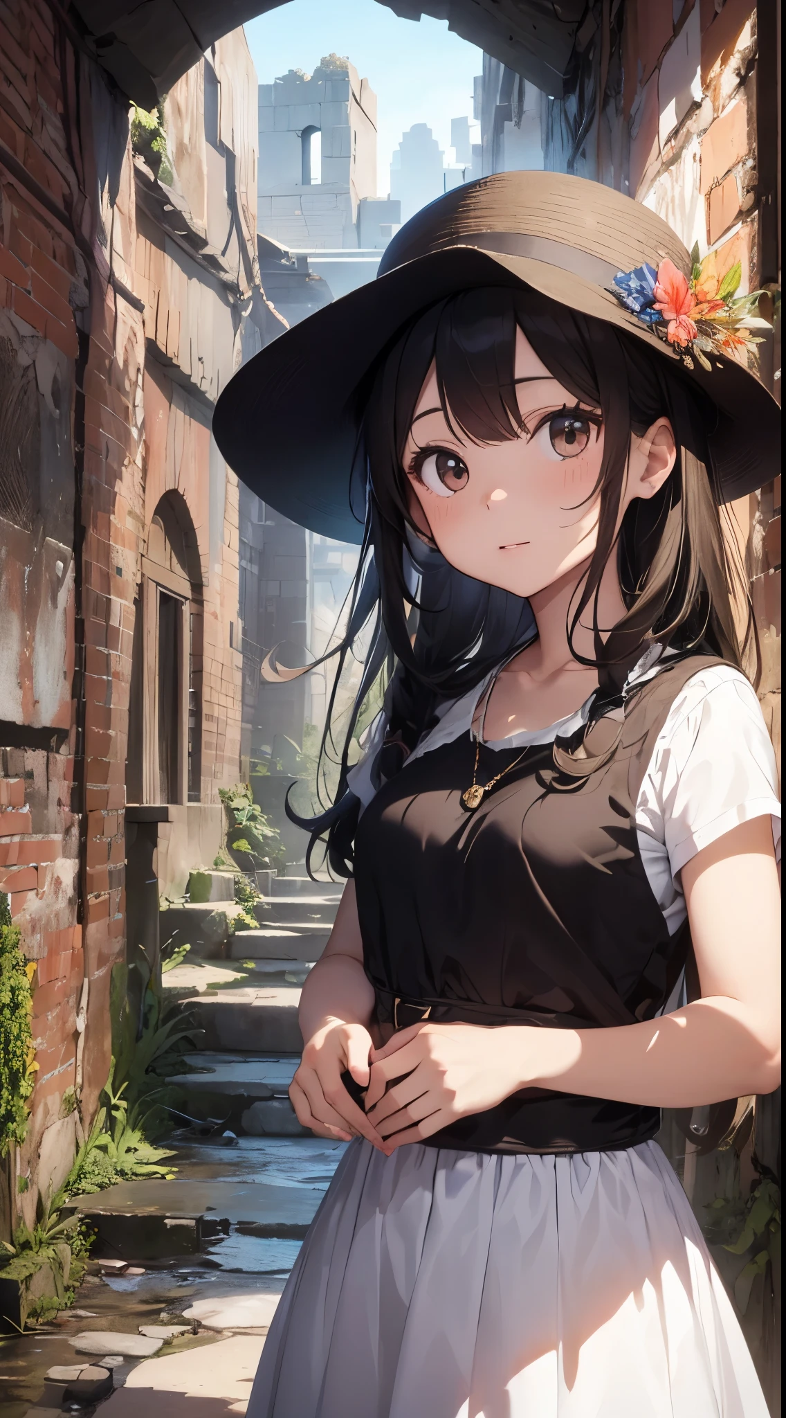 It depicts a young girl exploring traditional ruins in the Middle East。She is cute and has outstanding beauty.、It has a dainty and clear expression。She wears a white dress and brown vest.、I wear a pendant around my neck。Her hairstyle is long straight hair.、I'm wearing a hat。She is in a ruin.、Artwork such as murals and sculptures in the corner々It is meticulously drawn up to。The ruins are from ancient Egypt、Deities々and royalty can be seen。She feels like she's watching closely with the camera from below.、Surprise and excitement are conveyed。