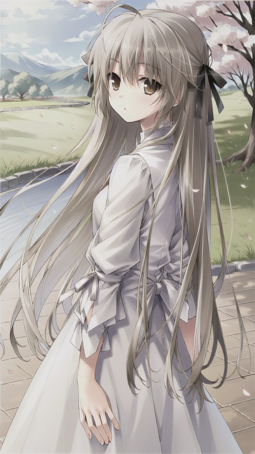 ((masterpiece:1.4, best quality)) ,Kasugano Sora,Handsome cool girl,Brown eyes,Long straight hair，outdoor，Under the cherry trees，Cherry blossoms in full bloom