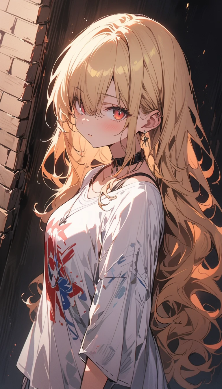 超8K masterpiece, ((非常にdetailedな背景, Delicate pattern, 複雑なdetailed)), highest quality, 複雑なdetaileds, chromatic aberration, One girl, Long Hair, Blonde, Messy Hair, Red highlights, Hair on one eye, Sharp eyes, choker, Brick wall, graffiti, Dim lighting, alley, Oversized shirt,Off the shoulder, Sheer white shirt, masterpiece, highest quality、(highest quality、masterpiece、High resolution、detailed)Anime Style、flat style、(Shining Eyes、detailed美しい顔), BREAK,Full Body