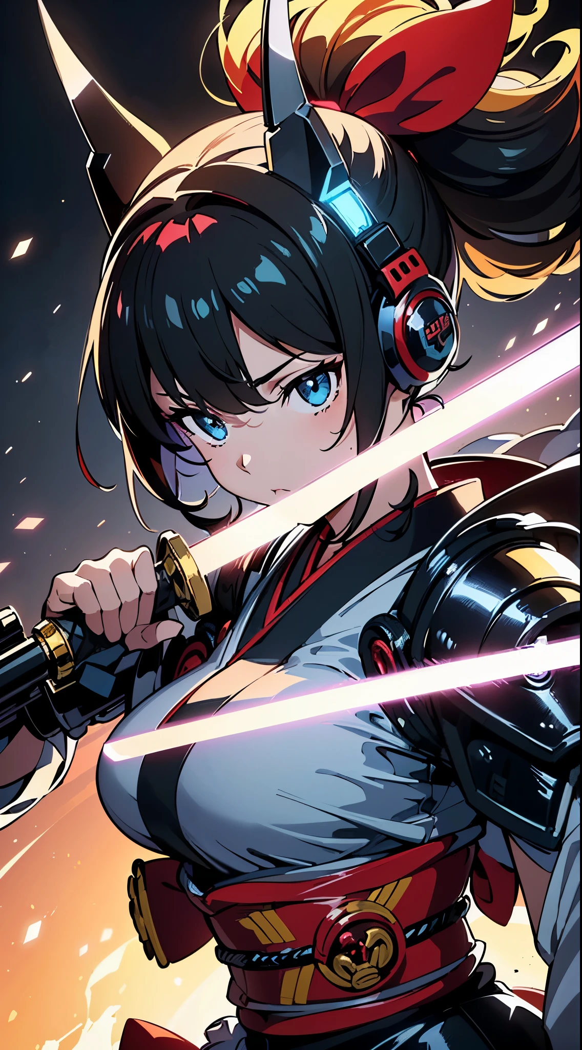 (Dynamic pose:1.3)、(Cyber Headphones:1.3)、Beautiful woman,(((head shot:1.5)))、(((samurai kimono)))、 (((Mechanical Samurai、Machinery Armor))), ((Perfect figure, Beautiful Face, Beautiful Face, Ponytail Hairstyles, Beautiful Skin, Very detailed髪, Finer details)), (((Cinema Lighting, Beautiful lighting effects, Creative Design, Full Body Frame, Divine Aura, hard Harmony , Perfect color change, Perfect contrast balance, Perfect color layers, Perfectly smooth color bleeding, Soft Rendering, smooth color strokes, Optical Lenses, Soft colors, Smooth color blending, Perfect color expression, Harmony, perfect color Harmony, Beautiful colors, soft Harmony, Particles of light, Perfect detail, Intricate details, color prism, Finer details, Finer details))), super high quality, Very detailed,Perfect drawing,alone, beautiful girl, masterpiece, (mecha musume), Machinery Armor, headgear, Mechanical Wing, brandishing a sword、Samurai with a huge gun, Black ponytail, Her hair is tied with a big red ribbon, Equipped with two Japanese swords ((extra large cool samurai_Sword in hand, Huge and cool weapon machine)), Open Stance, Action pose,purgatory , ((highest quality))),8k,((masterpiece)),(Very sophisticated and beautiful)