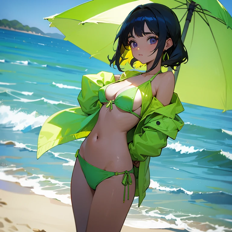 Una mujer, con ojos verdes claro, con una sombrilla de colores, en la playa, /senos medianos, con bikini