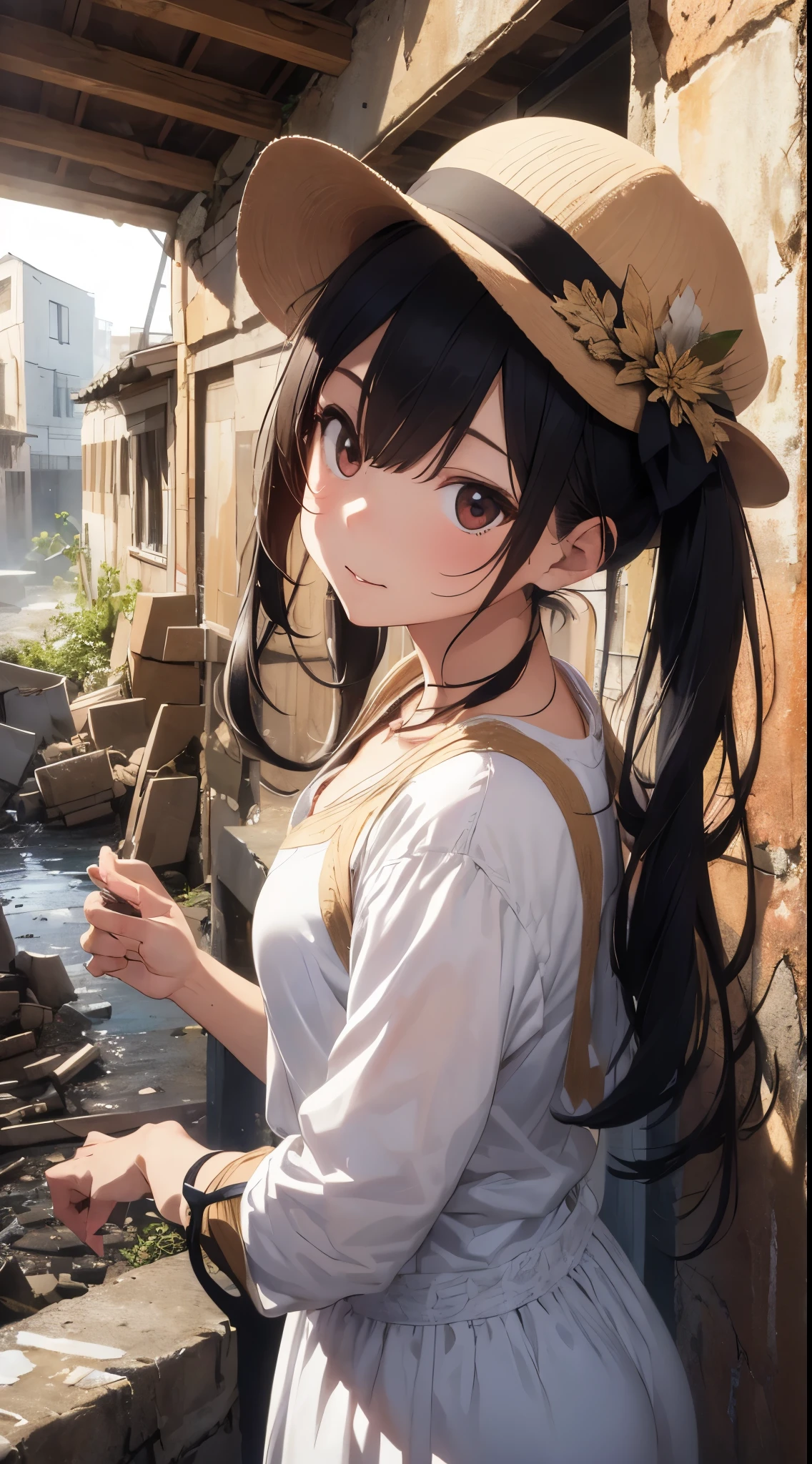 Surrealist works、(Face your ass:1.5)、sideways Facing、Women are detailed and realistic、Staring at this、It depicts a young girl exploring traditional ruins in the Middle East。She is cute and has outstanding beauty.、It has a dainty and clear expression。She wears a white dress and brown vest.、I wear a pendant around my neck。Her hairstyle is long straight hair.、I'm wearing a hat。She is in a ruin.、Artwork such as murals and sculptures in the corner々It is meticulously drawn up to。The ruins are from ancient Egypt、Deities々and royalty can be seen。She feels like she's watching closely with the camera from below.、Surprise and excitement are conveyed。