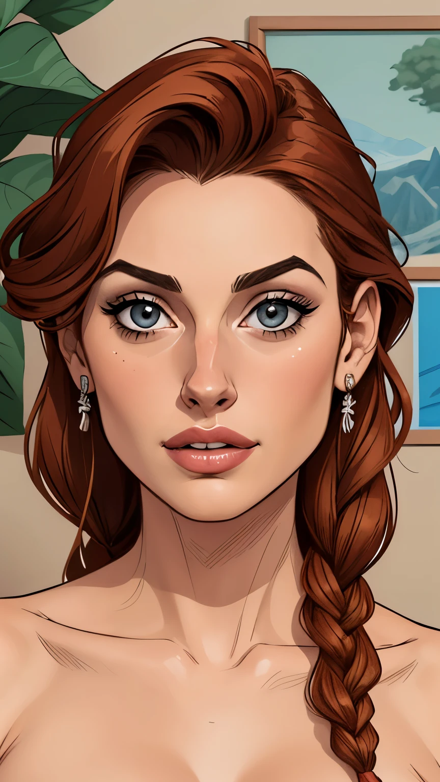 Character Penélope CRUZ without clothes naked naked without clothes cartoon image of a woman .cartoon style illustration, estilo de arte dos desenhos animados, estilo de arte dos desenhos animados, digital illustration style, design de personagens altamente detalhado, arte digital detalhada fofa, floresta  Design de personagens de retrato, beautiful digital illustration, retrato de alta qualidade, Arte em quadrinhos, mulher jovem.  expression of sexual desire well-aligned braided hair 