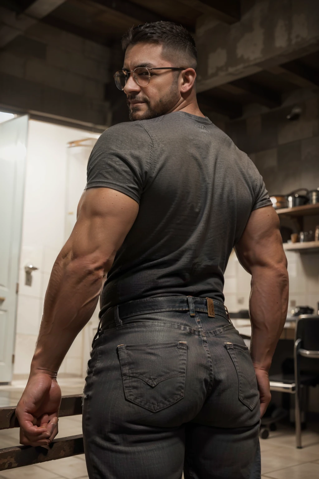 hombre musculoso salvaje, (40 year old daddy:1.1), 1 chico, Solo, (vistiendo una camisa a cuadros roja afuera), (camiseta gris por dentro), (hombros grandes), musculatura, rastrojos, barba corta, ojos bonitos:1.3, ), (cara detallada:1.3), Usando lentes, smiles, dynamic angle, volumetric lighting, (mejor calidad, A high resolution, fotorrealista), cinematic lighting, Obra maestra, foto cruda, detalles intrincados, hdr, cuerpo completo, Big muscular body, Big Bubble butt, jeans bent over backside 
