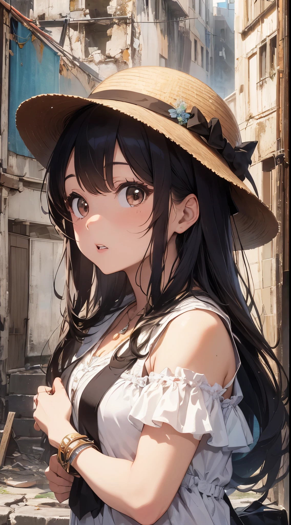 It depicts a young girl exploring traditional ruins in the Middle East。She is cute and has outstanding beauty.、It has a dainty and clear expression。She wears a white dress and brown vest.、I wear a pendant around my neck。Her hairstyle is long straight hair.、I'm wearing a hat。She is in a ruin.、Artwork such as murals and sculptures in the corner々It is meticulously drawn up to。The ruins are from ancient Egypt、Deities々and royalty can be seen。She feels like she's watching closely with the camera from below.、Surprise and excitement are conveyed。
