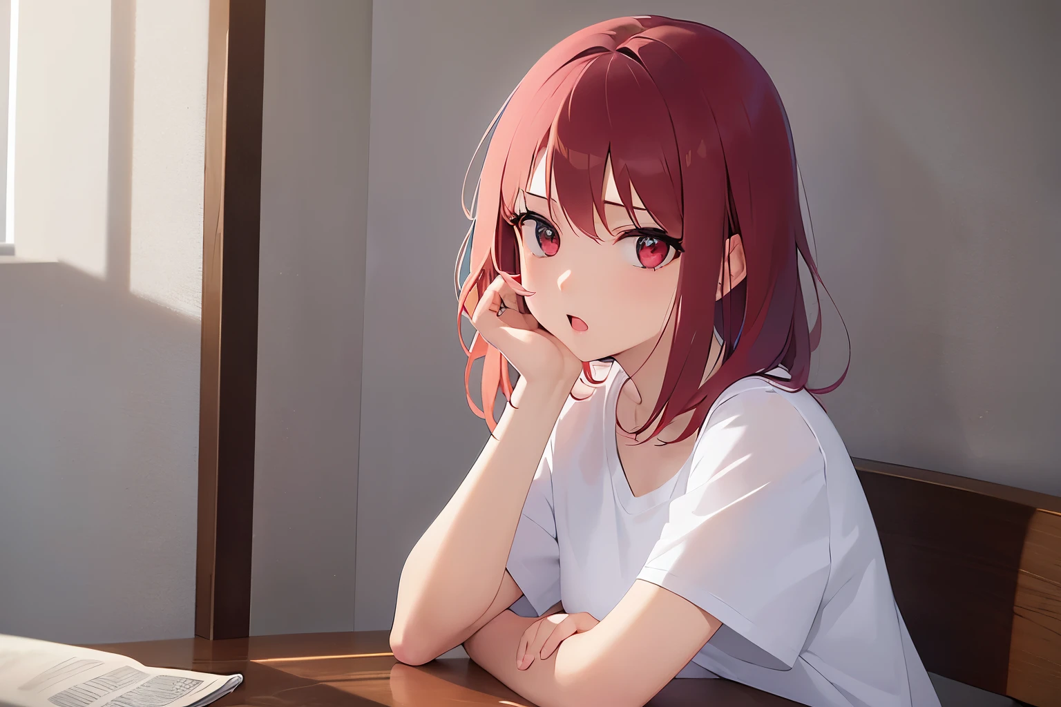 Realistic, real person, RAW photo, photorealistic, portrait photography, shiny skin, japanese idol, 25-year-old woman、(Medium Hair) and (red hair) and (red eyes), Wearing a white T-shirt、Bad mood, open mouth, blush, The background is a cafe、Alone、Sitting