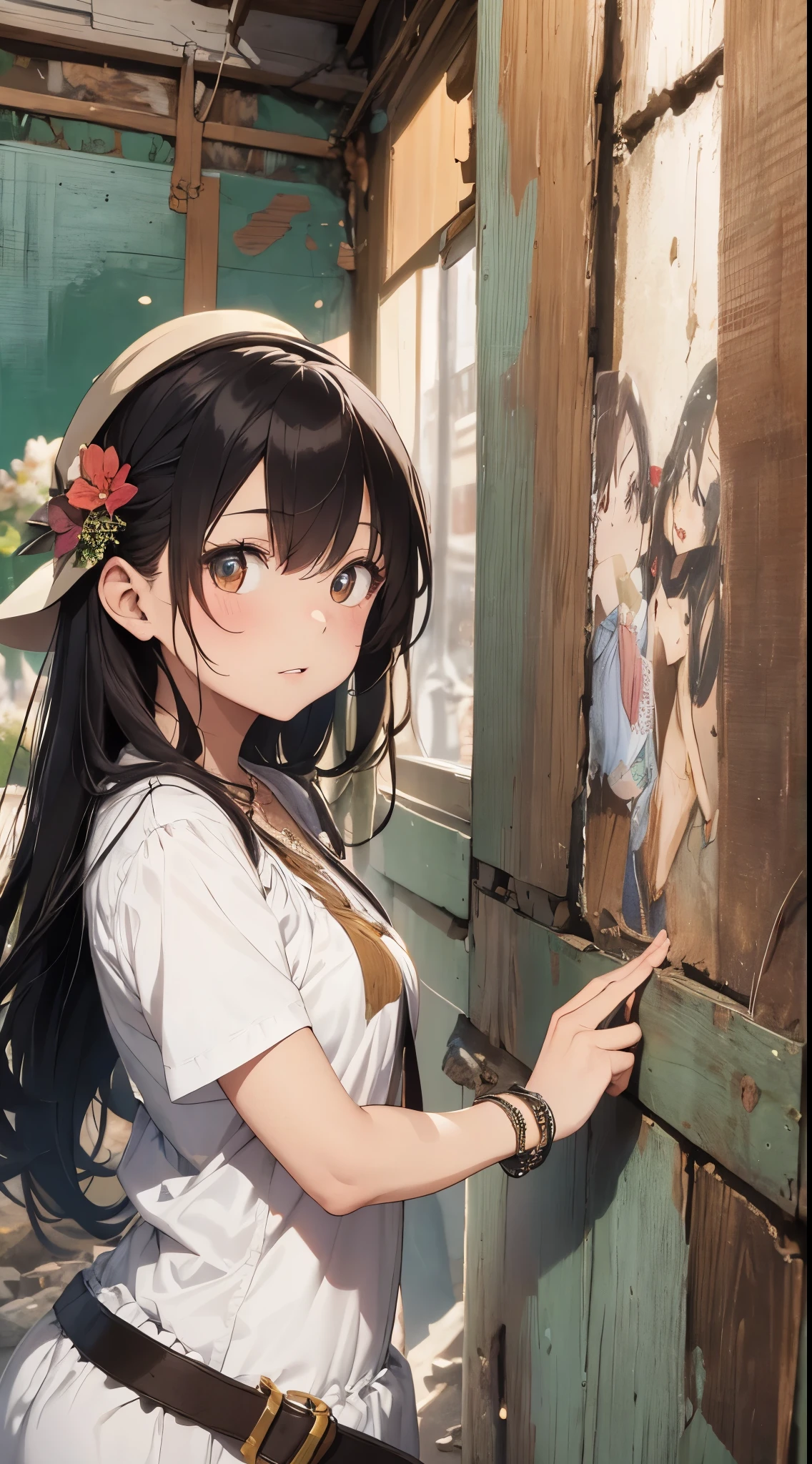 It depicts a young girl exploring traditional ruins in the Middle East。She is cute and has outstanding beauty.、It has a dainty and clear expression。She wears a white dress and brown vest.、I wear a pendant around my neck。Her hairstyle is long straight hair.、I'm wearing a hat。She is in a ruin.、Artwork such as murals and sculptures in the corner々It is meticulously drawn up to。The ruins are from ancient Egypt、Deities々and royalty can be seen。She feels like she's watching closely with the camera from below.、Surprise and excitement are conveyed。
