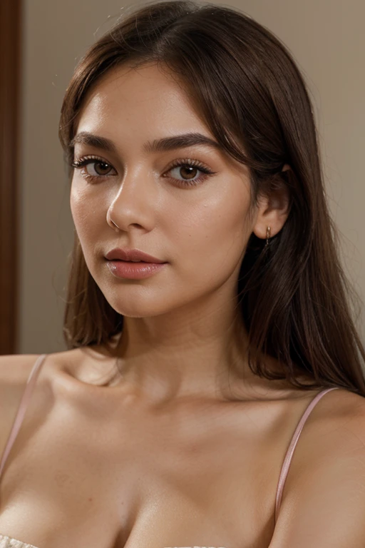 Create an portrait, (hyperrealistic ), ultra realistic, female model, medium skin tone and full, well-defined eyebrows, almond-shaped eyes with a warm, hazel color, long dark brown hair, falls naturally around her shoulders, makeup is elegant, featuring nuanced eyeshadow that enhances her eye shape, and her eyelashes are long and subtly accentuated. Her cheeks are slightly rosy, suggesting a natural flush, and she has a defined nose with a soft contour. Her lips are full and colored with a matte rose-pink lipstick. The model's expression is poised and serene, with a soft gaze that conveys confidence. The background should be neutral and non-distracting.