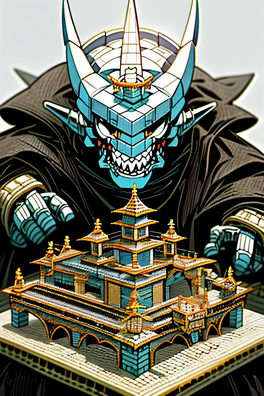 A Lego monster and its intricately assembled army, with menacing expressions and sharp Lego teeth, mount an invasion on the delicate Jenga Kingdom. The monstrous leader dons a protective shield made of Lego bricks, while its minions wield Lego weapons, ready to topple the towering Jenga structures. In contrast, the Jenga troops, with their delicate, tapered shapes, stand rigid, preparing to defend their home with all their might. The scene is set for an epic battle between the invincible Lego forces and the resilient Jenga kingdom.