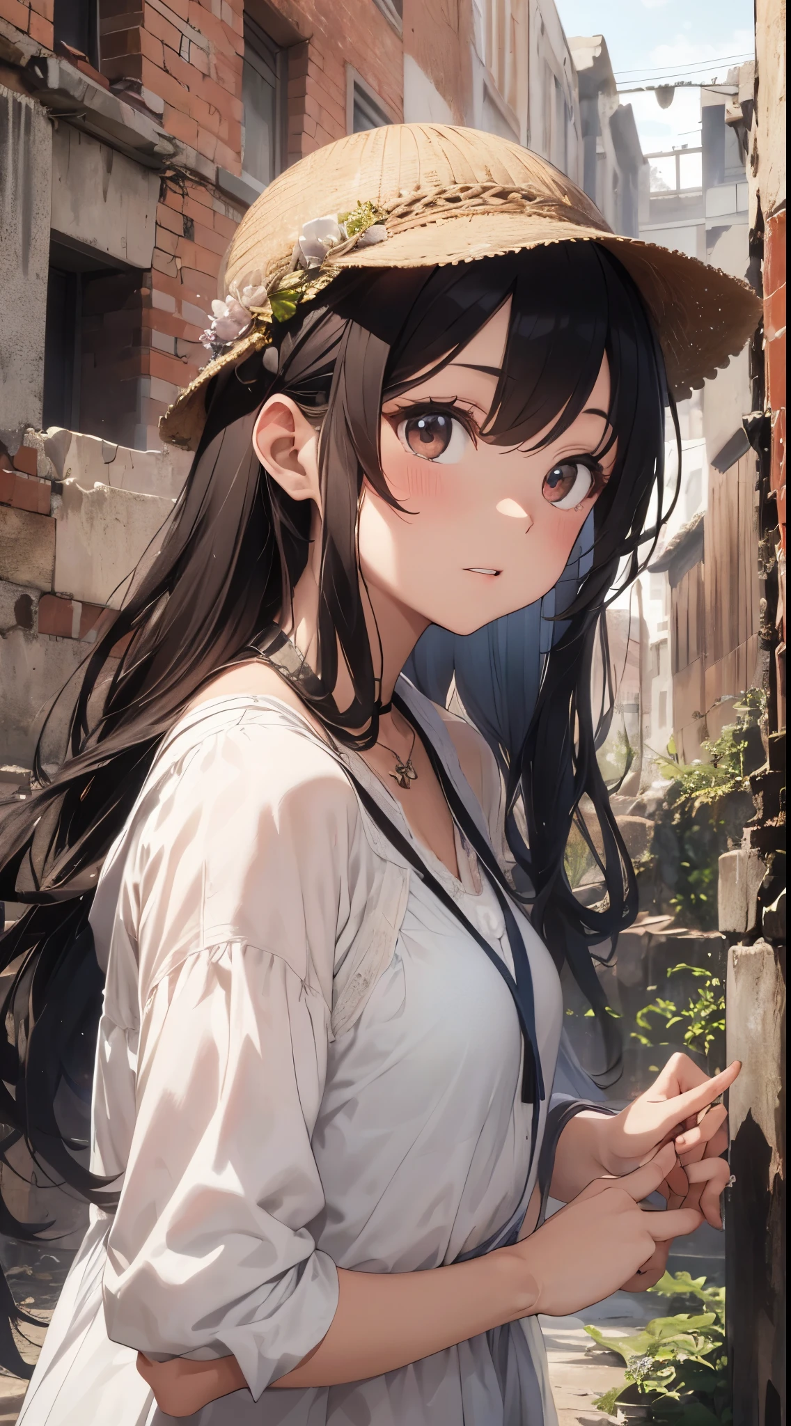 It depicts a young girl exploring traditional ruins in the Middle East。She is cute and has outstanding beauty.、It has a dainty and clear expression。She wears a white dress and brown vest.、I wear a pendant around my neck。Her hairstyle is long straight hair.、I'm wearing a hat。She is in a ruin.、Artwork such as murals and sculptures in the corner々It is meticulously drawn up to。The ruins are from ancient Egypt、Deities々and royalty can be seen。She feels like she's watching closely with the camera from below.、Surprise and excitement are conveyed。