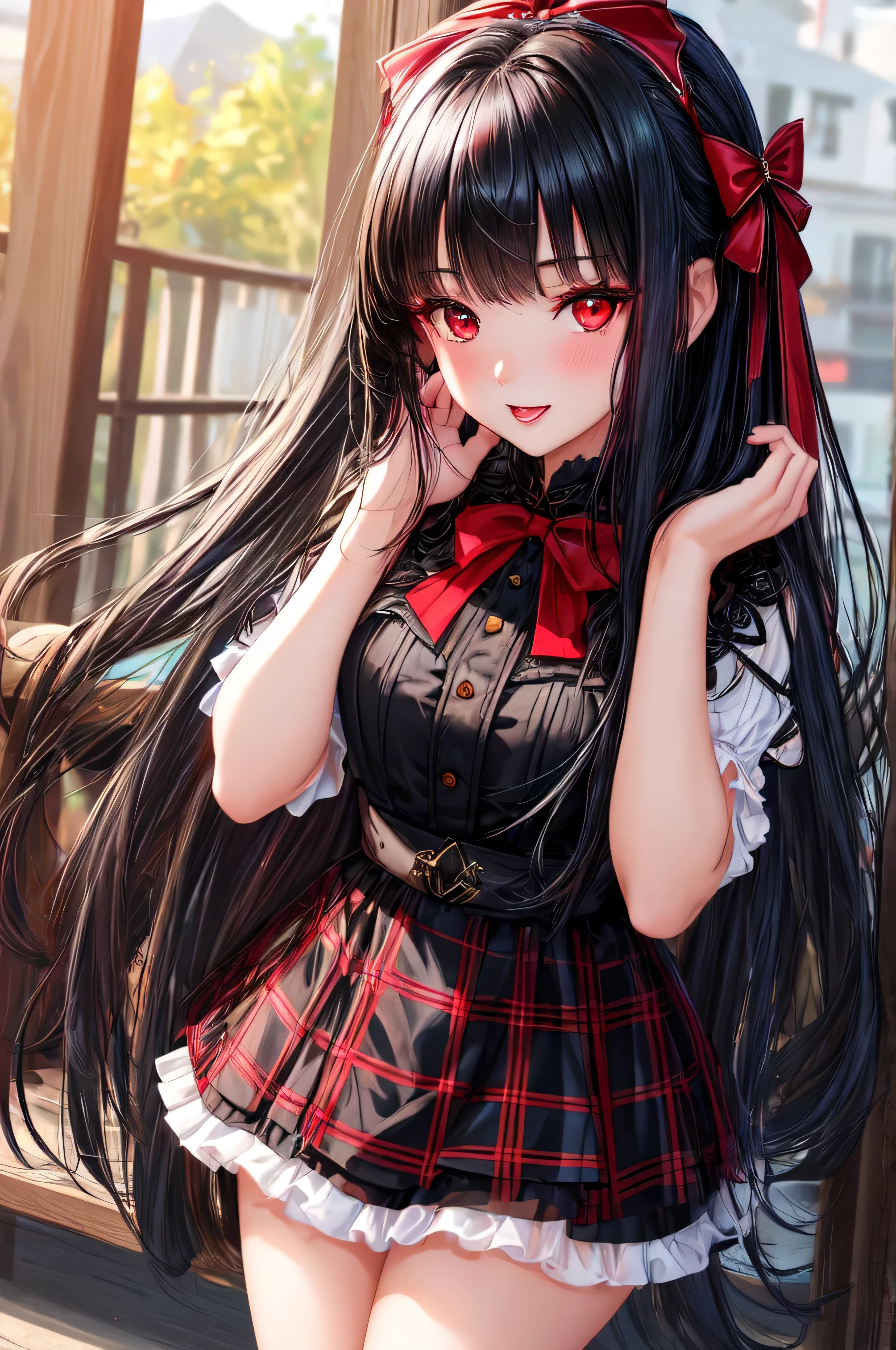 masterpiece, highest quality, Very detailed, High resolution, Extremely detailed CG, Face Focus, One Girl, Early teens, ((Blue-black hair and red eyes)), , Wear a black dress, Black check skirt, bangs, Shillong Hair, bow, Hair bow, Red ribbon, Laughter, Bobcut, Portraiture, 