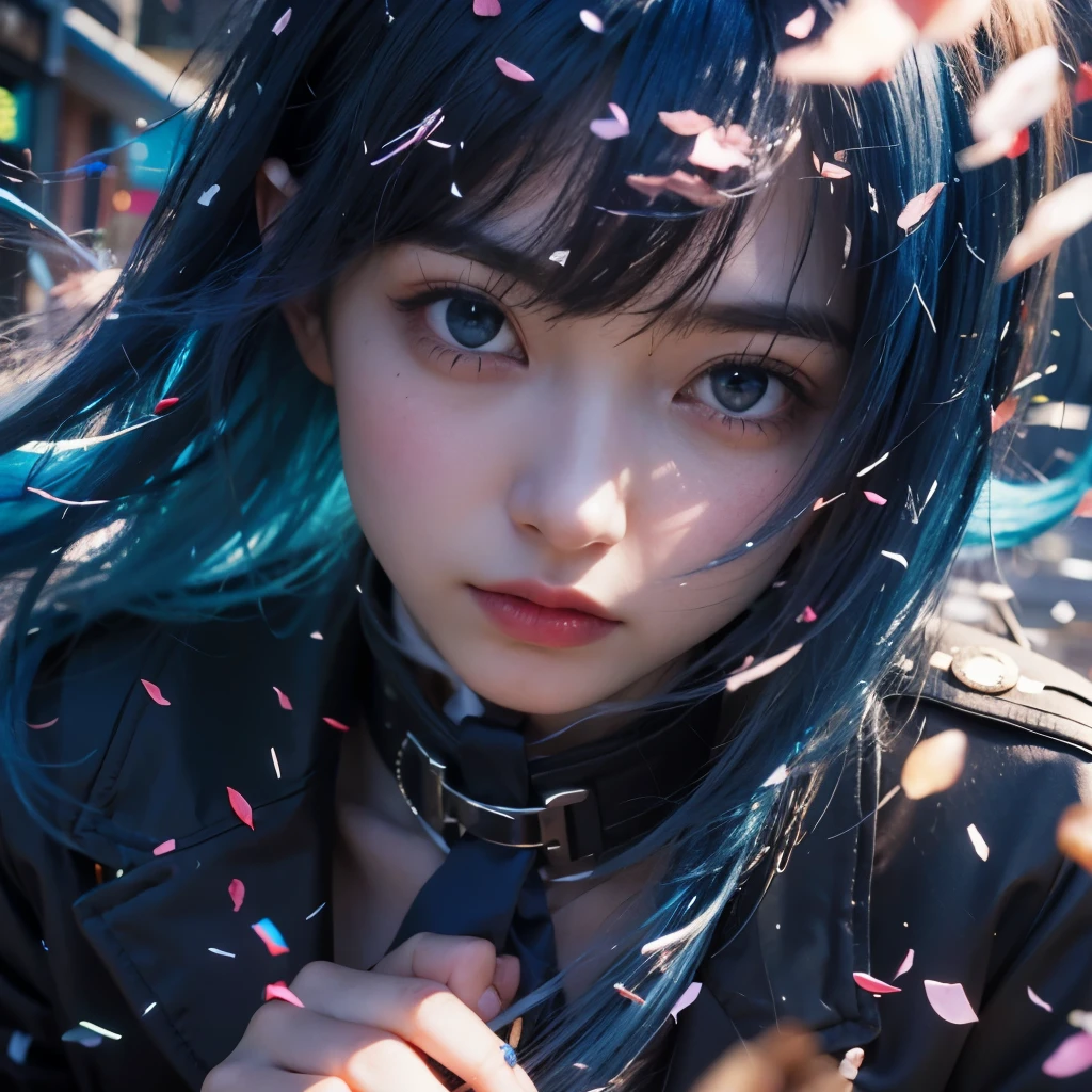 a very cute girl with blue hair and a black jacket with a blue eye