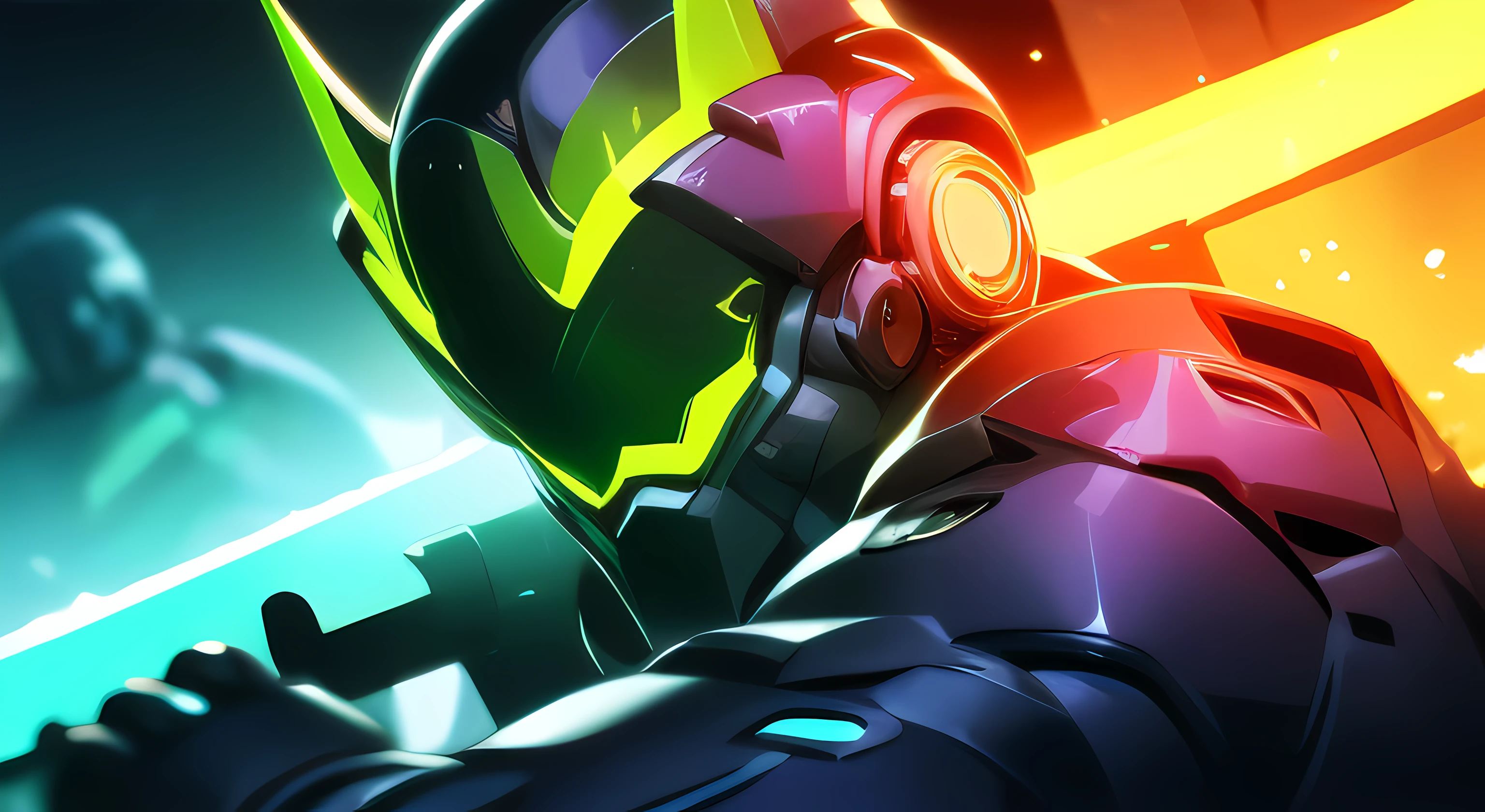 ((tmasterpiece)),((best qualtiy)),8K,high detal,Hyper-detailing,Cool mech wearing a V-shaped helmet,Colorful illuminated mech set,Wielding a glowing longsword,Maintain a fighting stance,Close-up Shot Shot。in the background,Many monsters lurk in the smoky atmosphere。