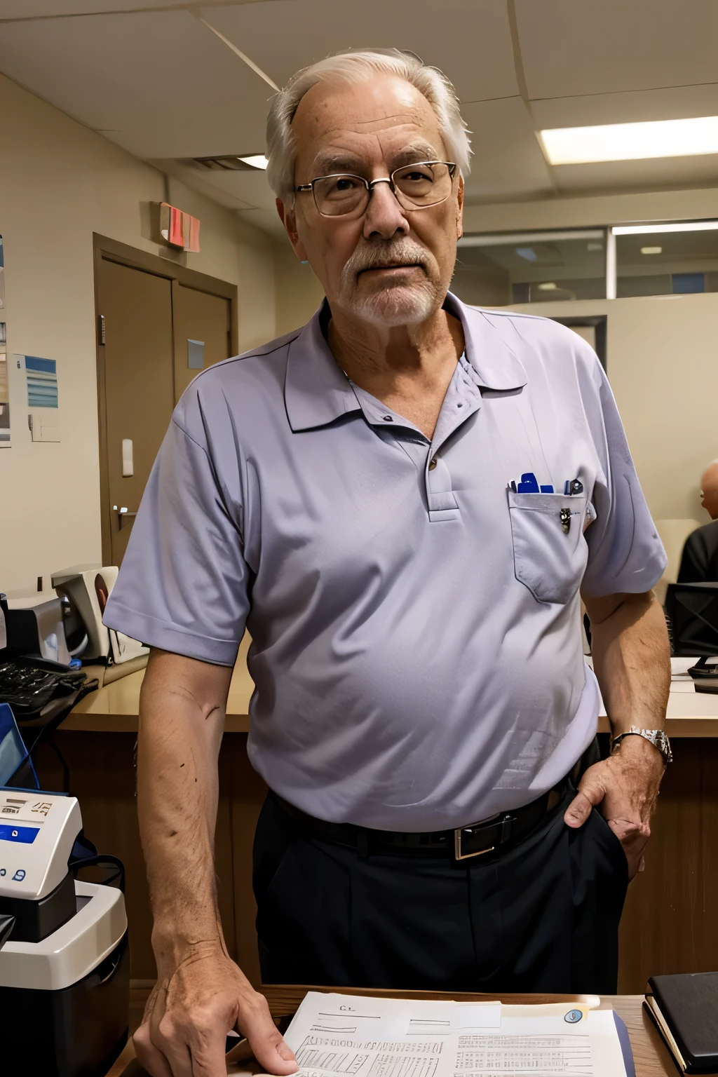 an old male american guy at a front desk of a hospital