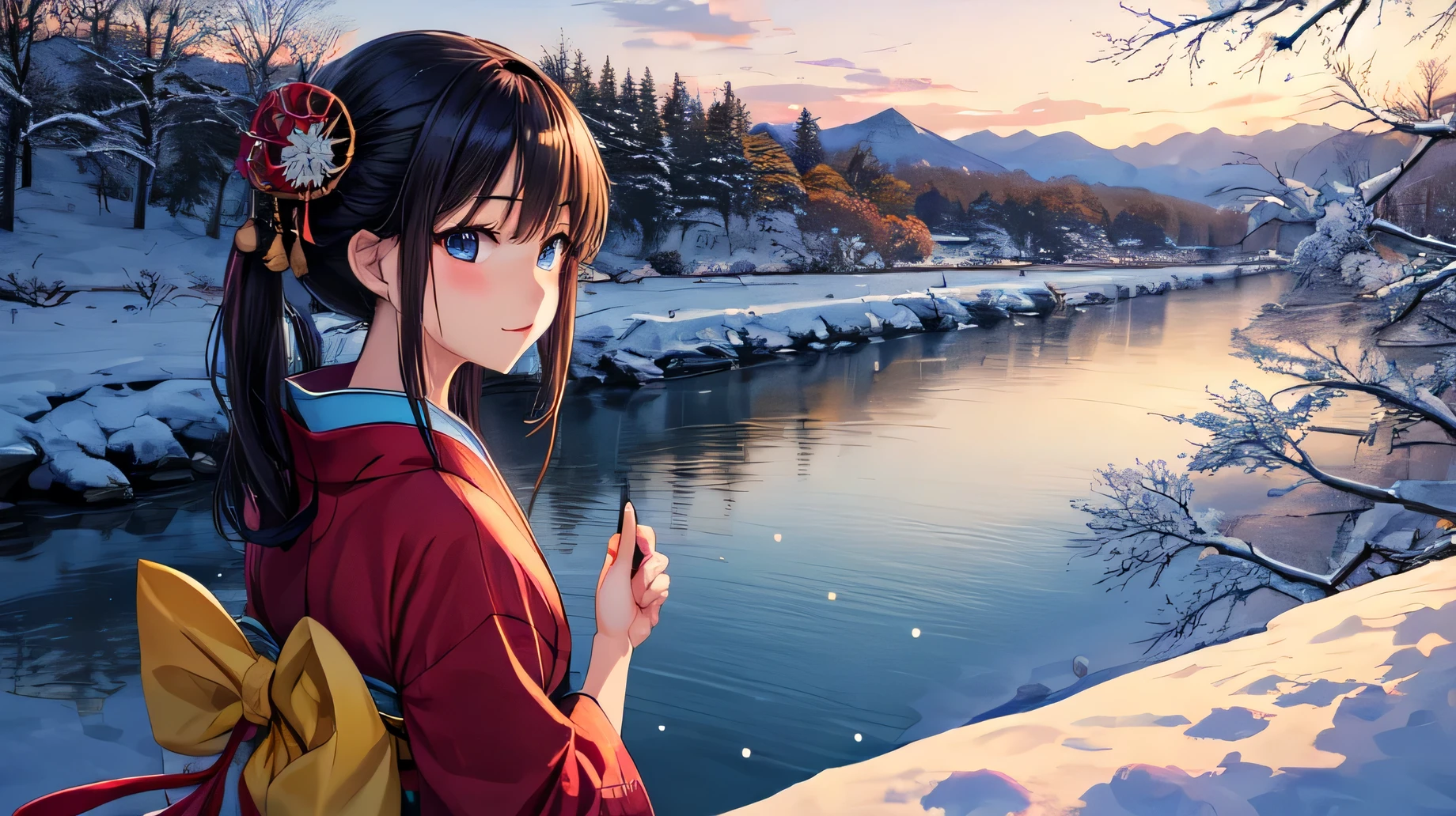 for anime,A beautiful woman in a Japanese kimono is looking at the scenery by the river,snow
