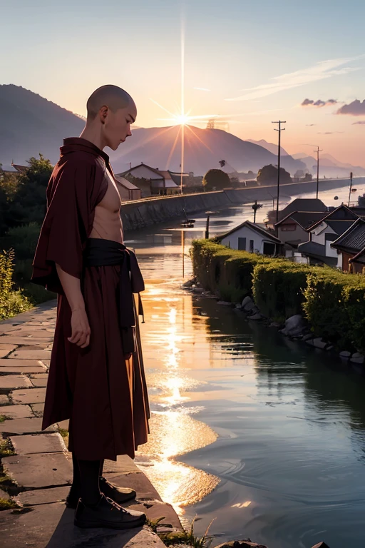 (8K), (Best Quality), (Mastepiece: 1.2)　　The distant night sky, the monk standing nearby watching the sunrise, the great river, the light of dawn shining through, the town quietly waking up
