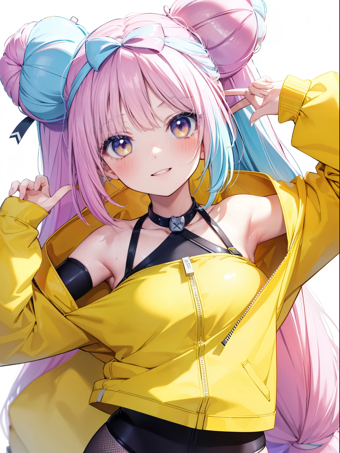 Nanjamo、Good looking girl (blush, Perfect Face), independent , Looking at the camera, masterpiece, Anime art style, Cute Characters, Most detailed, high quality、Nico Nico Smile、long bun hair、Yellow hoodie、Half blue and half pink hair、Showing armpits