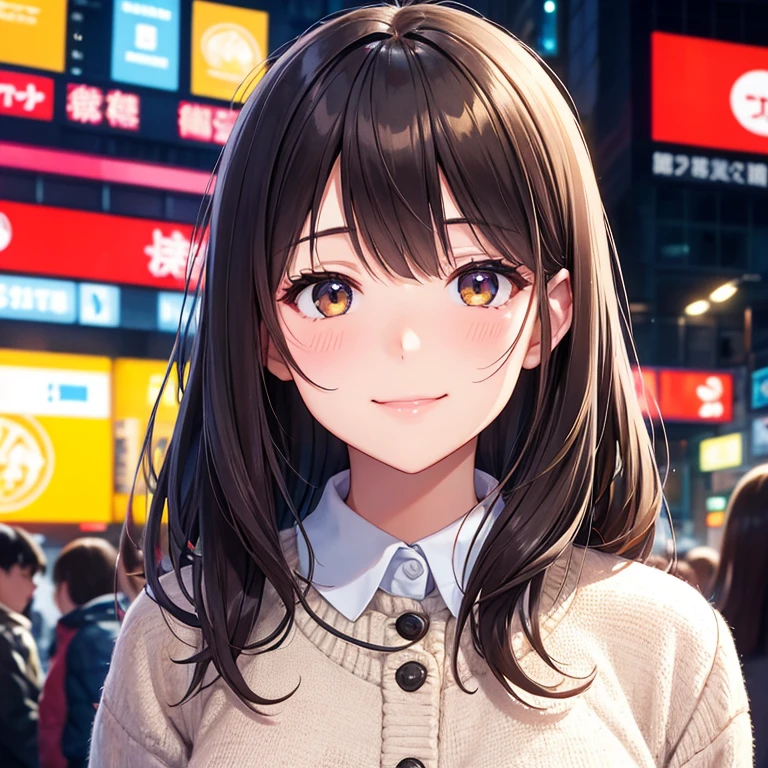 woman,Friendly atmosphere,Approachable,Icon image,smile,The background is in front of Shibuya Station,Hachiko in the background,An illustration-like atmosphere,womanらしい髪形,Low exposure,Face close-up,spring