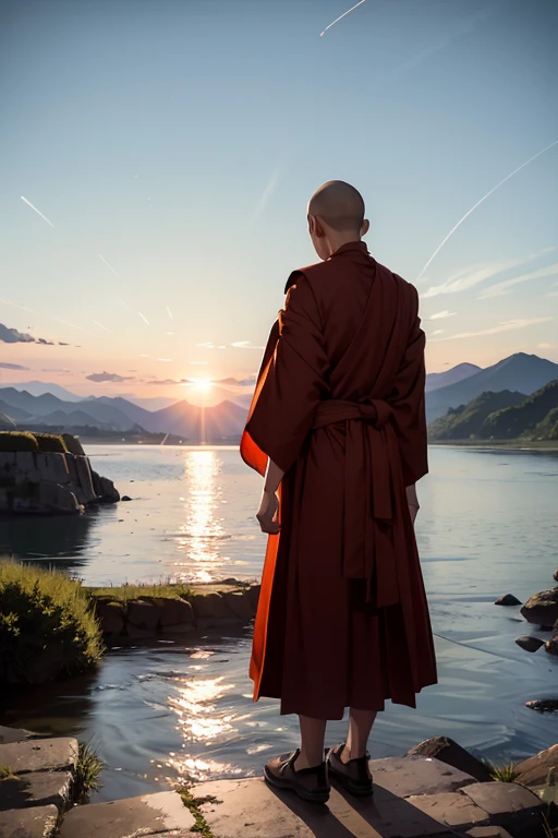 (8K), (Best Quality), (Mastepiece: 1.2) A monk standing facing backwards, watching the sunrise from a distant night sky, the light of dawn shining through the great river