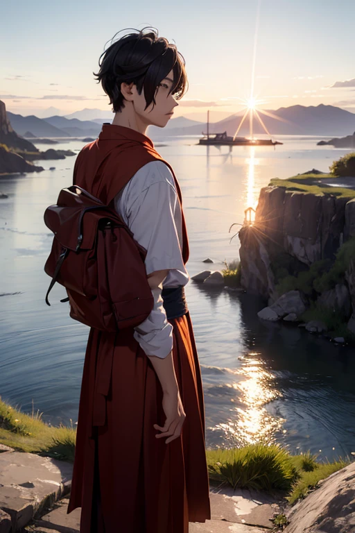 (8K), (Best Quality), (Mastepiece: 1.2) A monk standing facing backwards, watching the sunrise from a distant night sky, the light of dawn shining through the great river