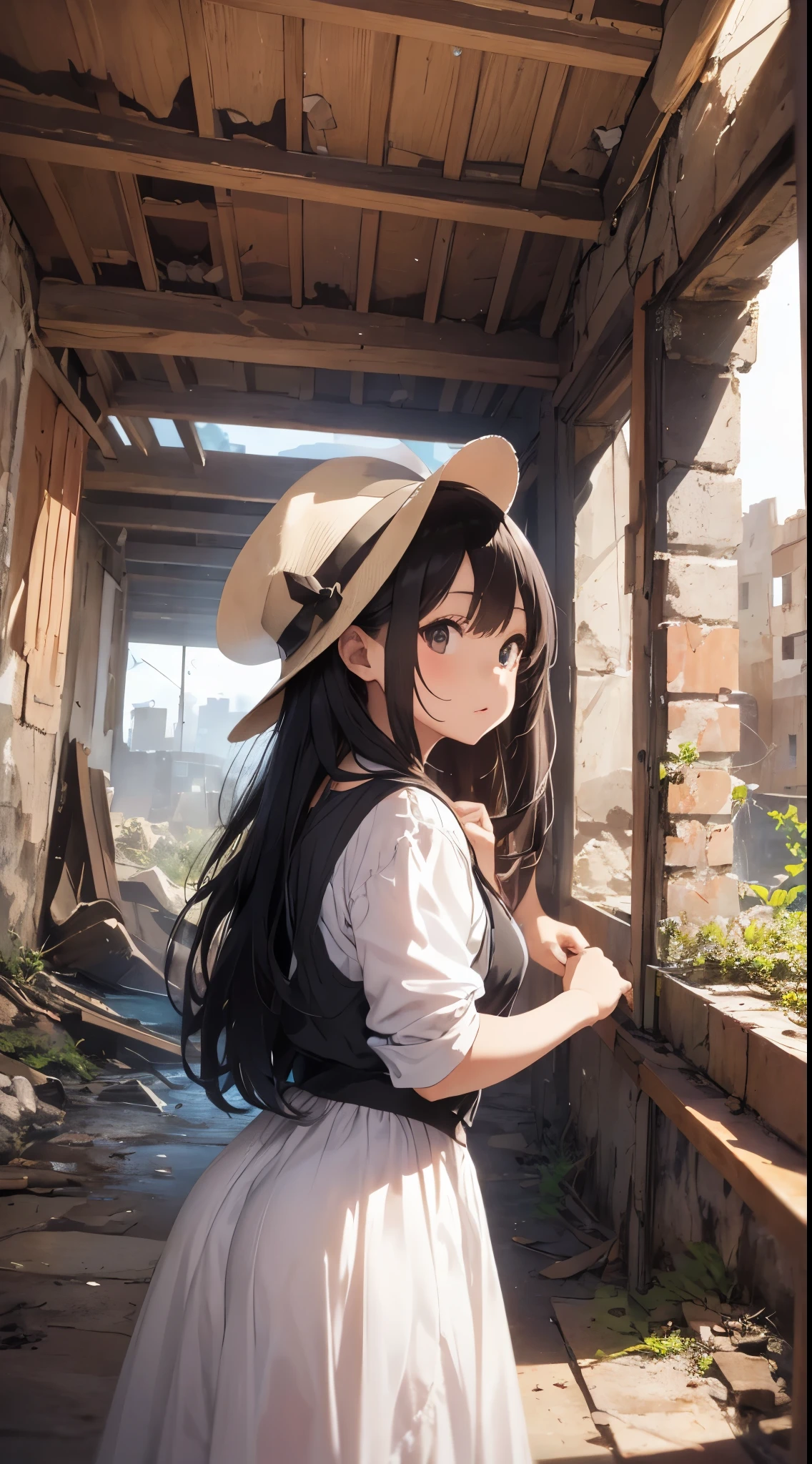 It depicts a young girl exploring traditional ruins in the Middle East。She is cute and has outstanding beauty.、It has a dainty and clear expression。She wears a white dress and brown vest.、I wear a pendant around my neck。Her hairstyle is long straight hair.、I'm wearing a hat。She is in a ruin.、Artwork such as murals and sculptures in the corner々It is meticulously drawn up to。The ruins are from ancient Egypt、Deities々and royalty can be seen。She feels like she's watching closely with the camera from below.、Surprise and excitement are conveyed。