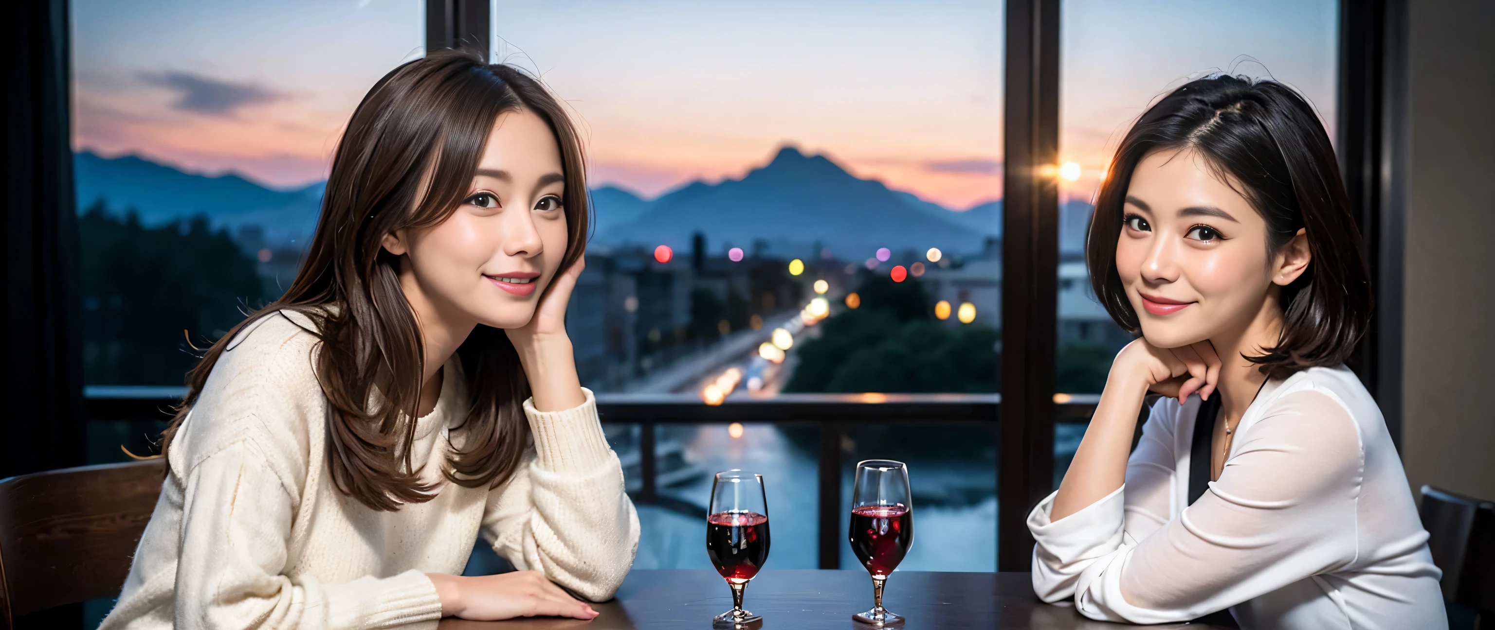 ((highest quality、8k、masterpiece:1.3))、Sharp focus:1.2、Beautiful woman perfect body:1.4、Slim body、((Bob Hale、Straight hair:1.2))、(to be born, highest quality, masterpiece:1.5), (Realistic, Intricate details:1.2), Ultra-high resolution, shine a light on your face、Spectacular view of the sunset sky and clouds、Amazing mountain views、A bright smile、wine glass、red wine 、Appetizer、Italian food、Wine bottle、Champagne、sparkling wine、, Beautiful Face, blue eyes, The light shines on your face, Blushing, short hair,Bright Face、Fox face、 (36 years old), 39 years old, Lady、Two beauties、brown hair、Shortcuts、Long sleeve shirt、dress、Pretty Woman 1, (slim face), (The body is slim), (brown hair), (Shortcuts), cheeks turn a little red,charming beauty、, Out of the window, A beautiful and detailed night view unfolds.........., restaurant, In a prominent place (From the waist up) Nova Frog Style, actress, model, Upper Body, White wine, slim, wine glass, A wine glass placed in the middle, smile, (smile: 1.15), Beautiful fine grain, Depth f/2,saturation, High Contrast, Strong light and shadow,Moist Body:1.5、3D texture、Delicate eyes、brown hair、The hair is very shiny、