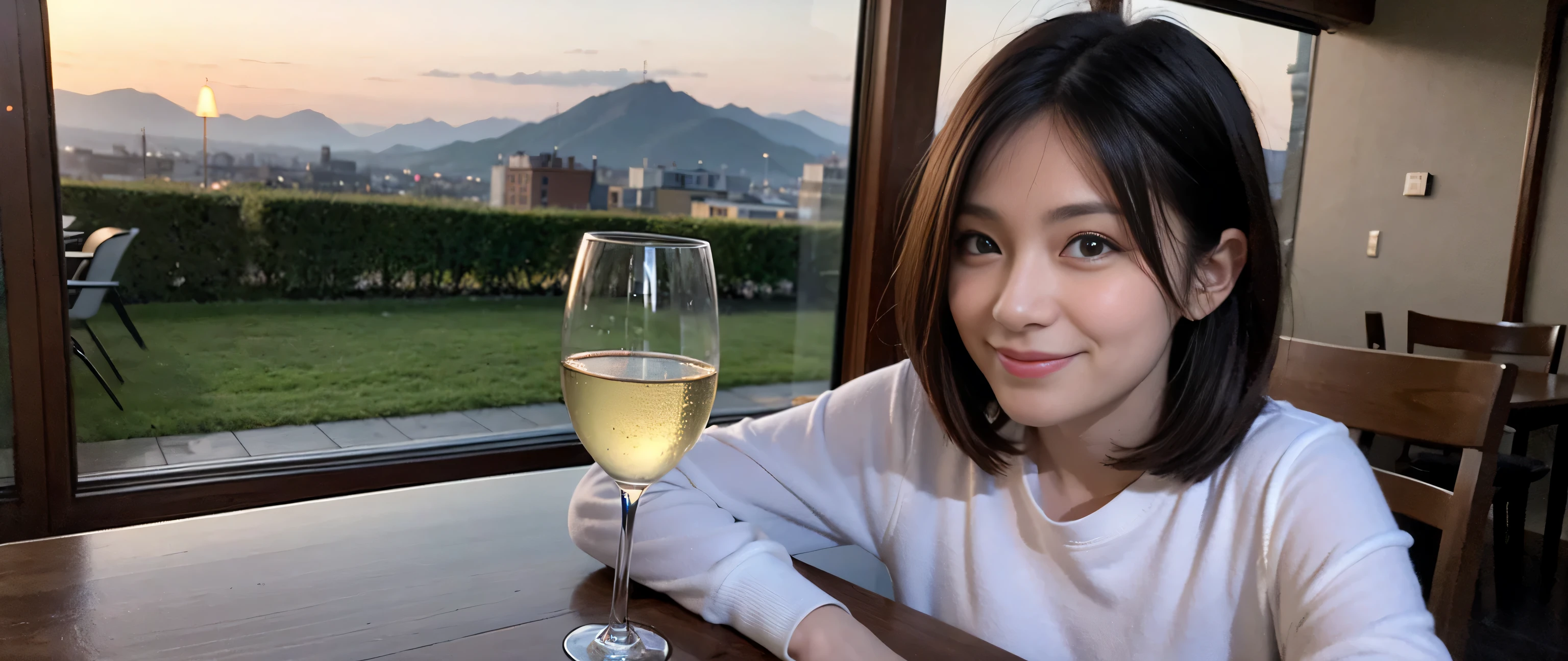 ((highest quality、8k、masterpiece:1.3))、Sharp focus:1.2、Beautiful woman perfect body:1.4、Slim body、((Bob Hale、Straight hair:1.2))、(to be born, highest quality, masterpiece:1.5), (Realistic, Intricate details:1.2), Ultra-high resolution, shine a light on your face、Spectacular view of the sunset sky and clouds、Amazing mountain views、A bright smile、wine glass、red wine 、Appetizer、Italian food、Wine bottle、Champagne、sparkling wine、, Beautiful Face, blue eyes, The light shines on your face, Blushing, short hair,Bright Face、Fox face、 (36 years old), 39 years old, Lady、Two beauties、brown hair、Shortcuts、Long sleeve shirt、dress、Pretty Woman 1, (slim face), (The body is slim), (brown hair), (Shortcuts), cheeks turn a little red,charming beauty、, Out of the window, A beautiful and detailed night view unfolds.........., restaurant, In a prominent place (From the waist up) Nova Frog Style, actress, model, Upper Body, White wine, slim, wine glass, A wine glass placed in the middle, smile, (smile: 1.15), Beautiful fine grain, Depth f/2,saturation, High Contrast, Strong light and shadow,Moist Body:1.5、3D texture、Delicate eyes、brown hair、The hair is very shiny、