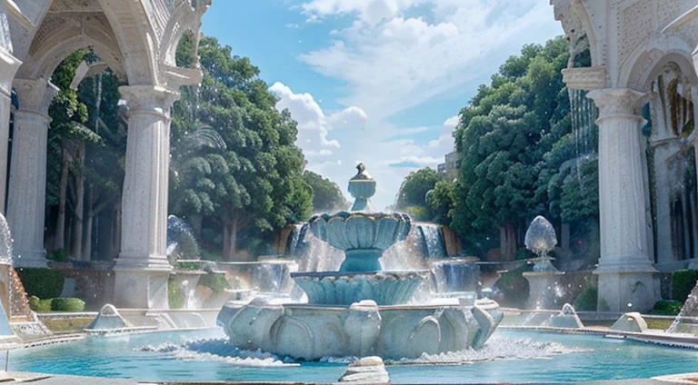 Light blue-white tones,(white crystal fountaastical scenes,(Super spectacular fountain),(Super rich fountain),Various levels of waterfalls,Transformation crystal,Ice crystals,Super quality,masterpiece,Super refined,A lot of detail, male and female statues