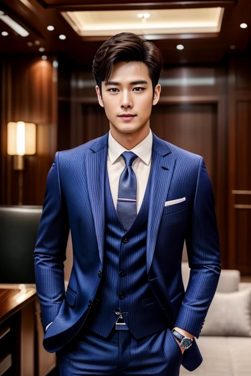 28-year-old refreshing and handsome new employee、（Super handsome guy in S-class suit）、Japanese 28-year-old man、　merchant、　ultra luxury suit、　striped suit、　office、　S class young handsome man standing in suit、（High-detail photos from CG Unity 8K）、（The photos are real）、（（top quality））、Super detailed、　（masterpiece）、　Ultra high quality、　High、　gentleman、（masterpiece）、　Ultra high quality、　very beautiful hair、　bright photos、　As handsome as a model、　As handsome as an idol、　luxury watches.