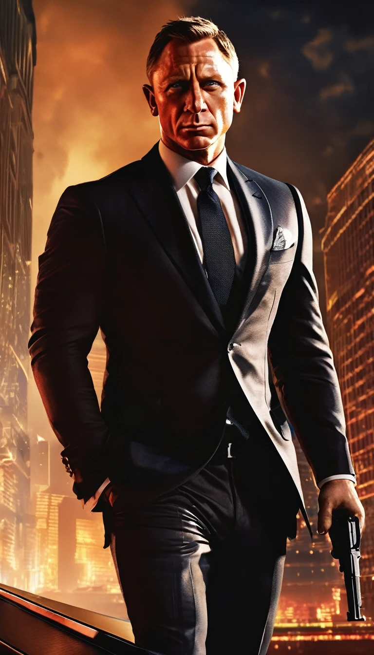 best quality,ultra-detailed,realistic,photorealistic:1.37,daniel craig as james bond,walking on the edge of roof,action-packed,thrilling,stylish suit,determined facial expression,intense atmosphere,skyscraper background,cityscape,night scene,moody lighting,vivid colors,sleek,modern aesthetic,high-tech gadgets,suspenseful,mysterious,adventurous,captivating composition,iconic spy character,confident posture.