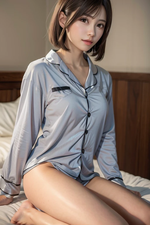 (8k、Photorealistic、Raw photo、highest quality: 1.3)、(real skin),Beautiful expression、High Detail、超A high resolution、(One Girl)、Super Beauty、(True Face)、(boyish、Natural color very short hair)、Rough chest T-shirt、Captivate your audience、Beautiful breasts、Lover's point of view、Beautiful smile、attractiveSurreal、hanikami,(pajamas:1.2,pearl gray:1.5)