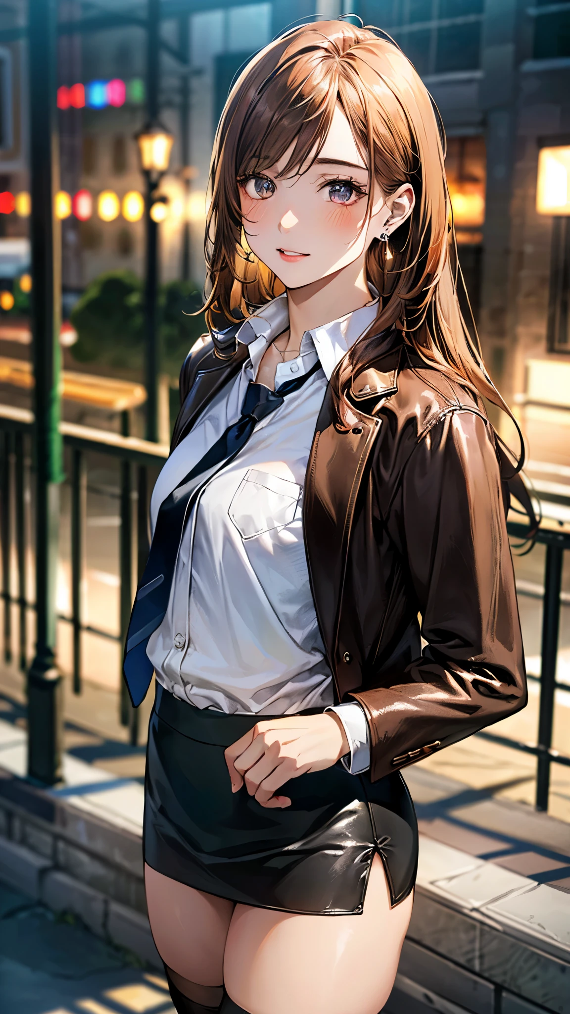(masterpiece:1.3, top-quality, ultra high res, ultra detailed), (realistic, photorealistic:1.4), beautiful illustration, perfect lighting, natural lighting, colorful, depth of fields, surrealism,
beautiful detailed hair, beautiful detailed face, beautiful detailed eyes, beautiful clavicle, beautiful body, beautiful chest, beautiful thigh, beautiful legs, beautiful hands,
looking at viewer, (cowboy shot), 1 girl, high school girl, (perfect hands, perfect anatomy, anatomically correct), cute and symmetrical face, face, perfect face, perfect eyes,
(long hair, straight hair, orange hair), dark gray eye, long eye lasher, (medium breasts), slender, white skin, shiny skin, slender, outstanding style,
((detailed cloth texture, white collared shirt, brown leather jacket, black leather skirt, tie, stockings, high heels), small earrings, necklace),
(beautiful scenery), daylight, (city), standing, (versatile sexy poses), (lovely smile, upper eyes, parted lips),