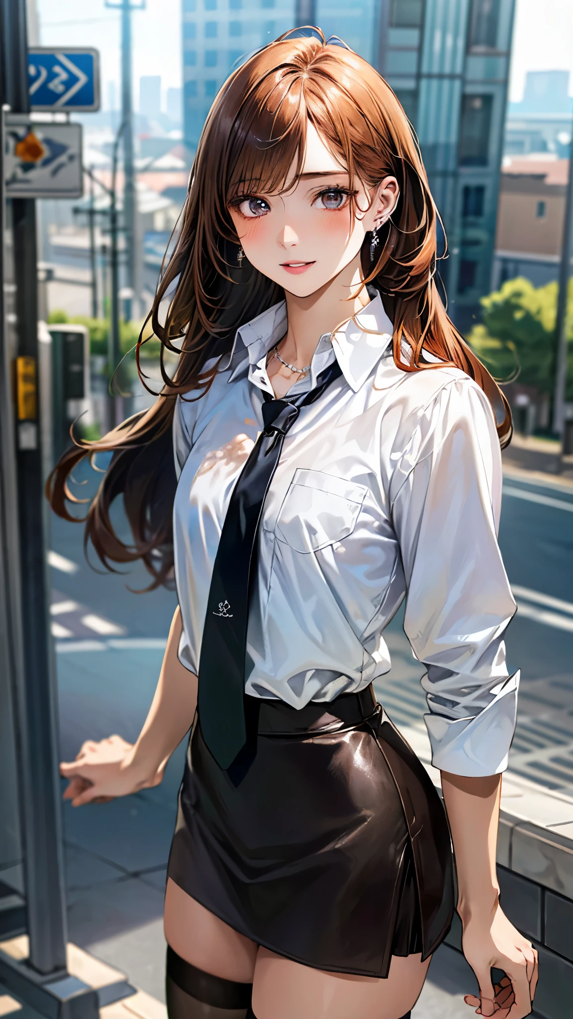 (masterpiece:1.3, top-quality, ultra high res, ultra detailed), (realistic, photorealistic:1.4), beautiful illustration, perfect lighting, natural lighting, colorful, depth of fields, surrealism,
beautiful detailed hair, beautiful detailed face, beautiful detailed eyes, beautiful clavicle, beautiful body, beautiful chest, beautiful thigh, beautiful legs, beautiful hands,
looking at viewer, (cowboy shot), 1 girl, high school girl, (perfect hands, perfect anatomy, anatomically correct), cute and symmetrical face, babyface, perfect face, perfect eyes,
(long hair, straight hair, orange hair), dark gray eye, long eye lasher, (medium breasts), slender, white skin, shiny skin, slender, outstanding style,
((detailed cloth texture, white collared shirt, brown leather jacket, black leather skirt, tie, stockings, high heels), small earrings, necklace),
(beautiful scenery), daylight, (city), standing, (versatile sexy poses), (lovely smile, upper eyes, parted lips),