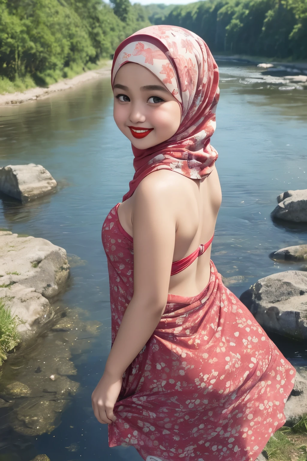 (((FLAT FHEST))), (strapless Colourful bra, (floral pattern), ((Happy Smile)), Naked singlet (((HIJAB MALAY GIRL))), masutepiece, High quality, UHD 32K, Realistic face, Realistic skin feeling , A Japanese Lady, , , Very cute and baby-like face, (((FLAT CHEST))), (MATRIX WORLD), ((look In front at the camera and SADNESS)), ((())), (((CUTE GIRL))), ((RED LIPS)), ((CHUBBY)), (undress, at river, (view from behind up),