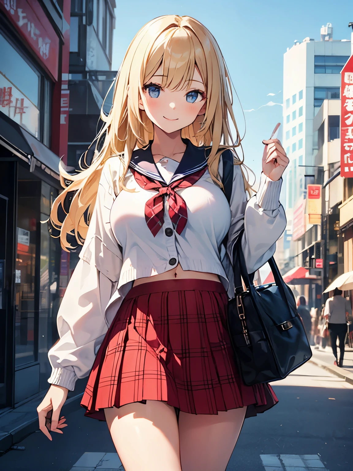 1 girl, Stroll around the city、blondeの女の子、Cowboy Shot、White Sailor Suit、Long sleeve、cardigan、Red Plaid Pleated Skirt、smile、blonde、Medium Long Hair、Big Breasts、Narrow waist、Thin thighs