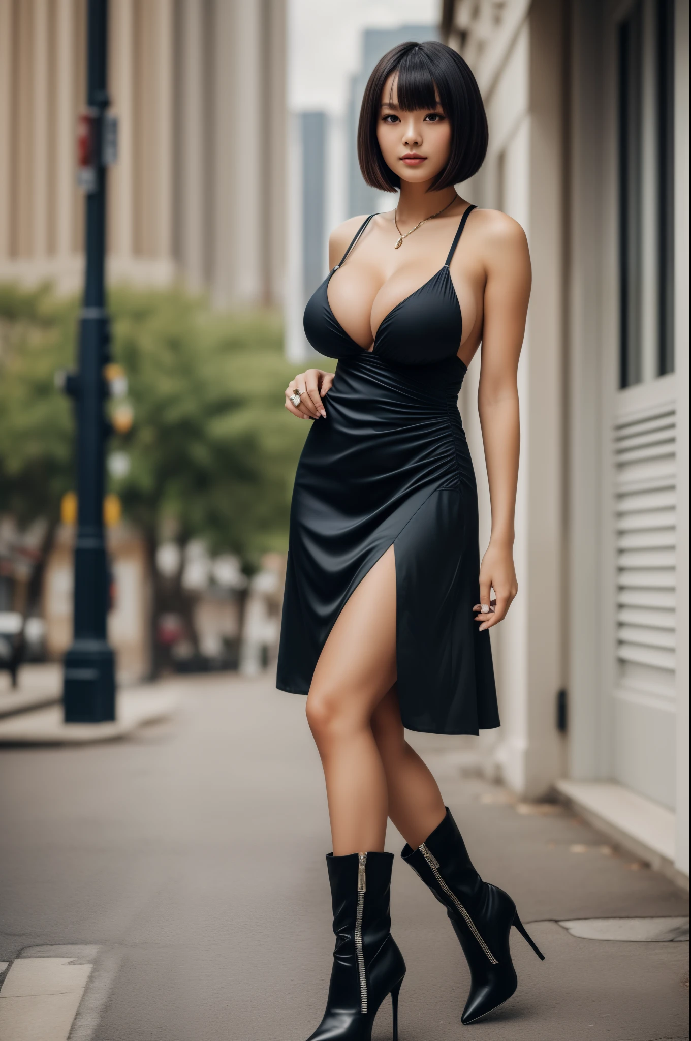tmasterpiece,best qualtiy,hdr, hyper HD, 8K,Bokeh,Ultra-fine painting,Sharp focus,Physically-based rendering,Extreme detail description, (EOS R8, 50 millimeters, F1.2, 8K, RAW photo:1.2), full bodyshot, looking at viewer, sexy black high heeled boots, (big breasts:1.3), summer dress, shag_cut hair