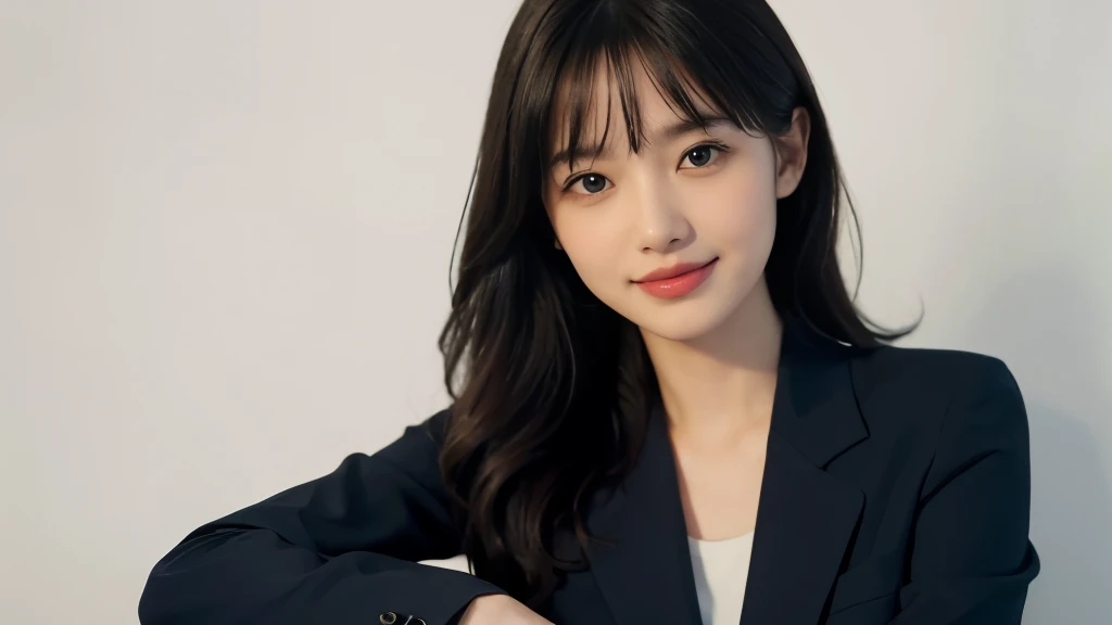 (Realistic: 1.4), (highest quality: 1.4), (Fine grain), Full body shot, ((White background)), ((Watching the audience)), ((One adult woman)), Black Hair, ((Navy blue suit)), Wide eyes, Blushed face, ((smile)), Highly detailed face and skin texture, Healthy Skin, 8k resolution