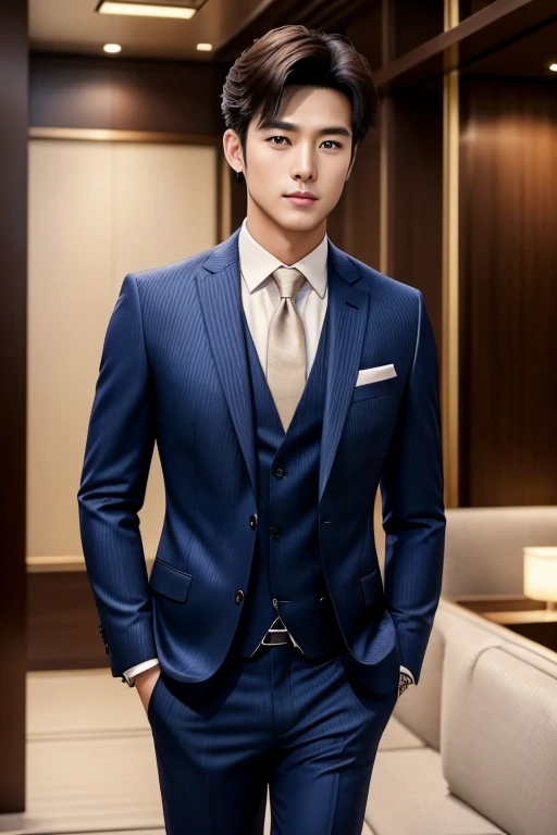 28-year-old refreshing and handsome new employee、(Super handsome guy in S-class suit)、Japanese 28-year-old man、 merchant、 ultra luxury suit、 striped suit、 office、 S class young handsome man standing in suit、(High-detail photos from CG Unity 8K)、(The photos are real)、((top quality))、Super detailed、 (masterpiece)、 Ultra high quality、 High、 gentleman、(masterpiece)、 Ultra high quality、 very beautiful hair、 bright photos、 As handsome as a model、 As handsome as an idol、 luxury watches.